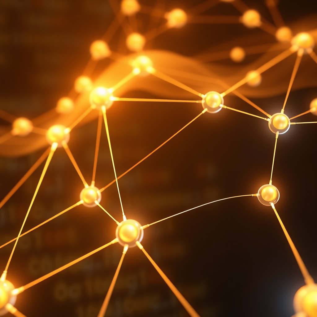 A stylized image representing the core values of Ananth Communication. Visualize a network of interconnected nodes, each representing a client, glowing with soft, warm light. These nodes are connected by bright, flowing lines symbolizing seamless communication and collaboration. The background features a subtle abstract representation of code, hinting at the technical expertise behind the network. The color palette is primarily warm, with hues of gold, orange, and a touch of blue to represent trust and innovation. Camera angle is a medium shot, focusing on the interconnectedness of the nodes. High-quality rendering with detailed lighting and textures. 4K resolution.