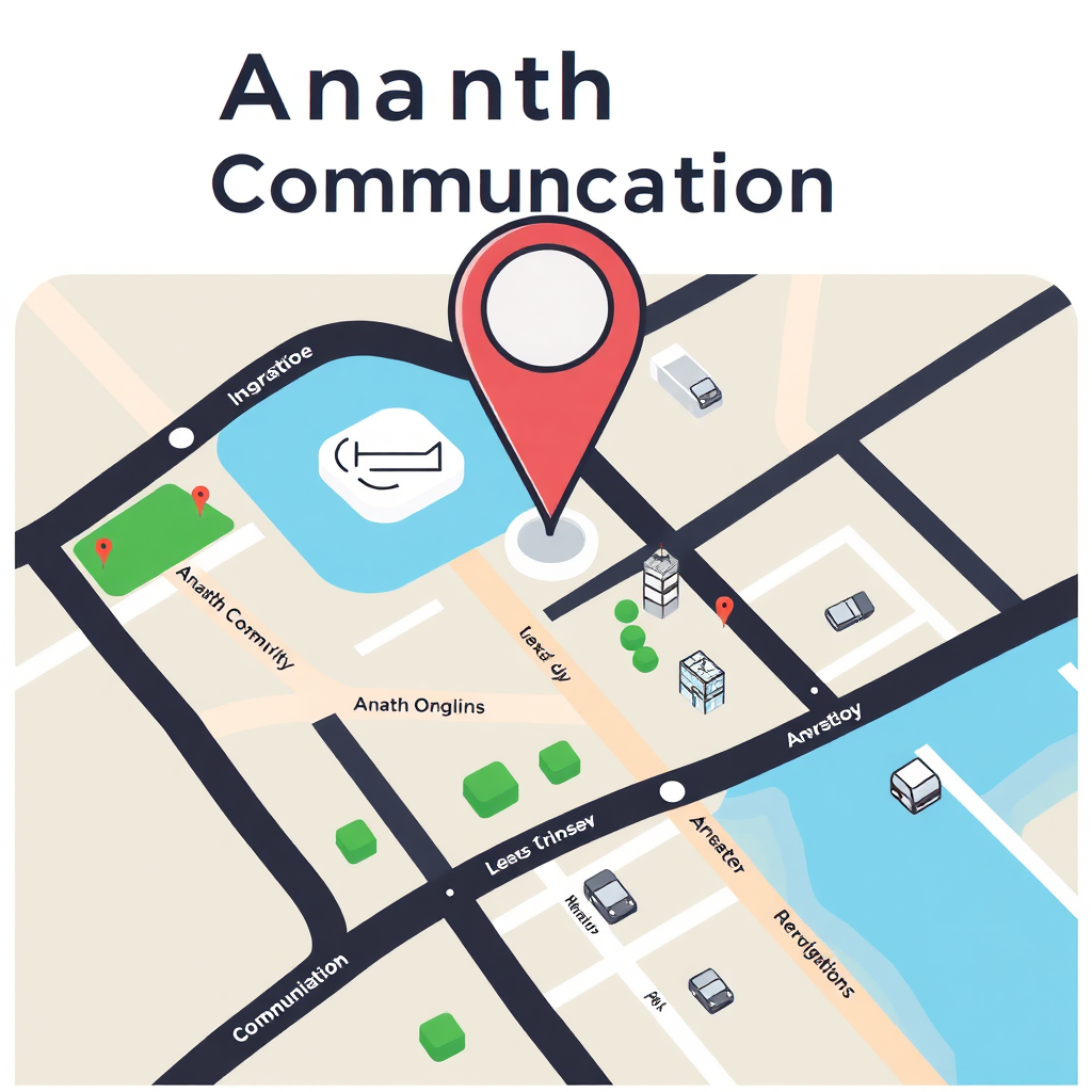 A stylized map illustration with a pin marker indicating the location of Ananth Communication. The map features simplified street layouts and landmarks. Use a clean and modern design with an emphasis on clarity and easy navigation. The overall style should be friendly and inviting, making it easy for visitors to find the office.