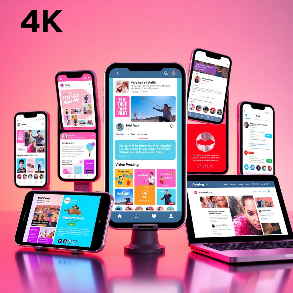A vibrant image showcasing a variety of content formats on different devices (smartphones, tablets, laptops). The content includes images, videos, infographics, and text posts. The lighting is bright and energetic, with a mix of primary colors. The composition is dynamic and eye-catching, reflecting the diverse nature of social media content. The overall style is creative and engaging. Technical specs: 4K resolution, high-quality digital rendering.