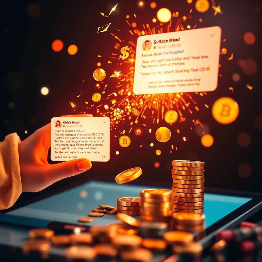 A visual metaphor showing social media posts transforming into leads/sales. Clicks becoming coins, impressions becoming conversions. Warm colors and celebratory effects. Technical Specs: 4k Resolution