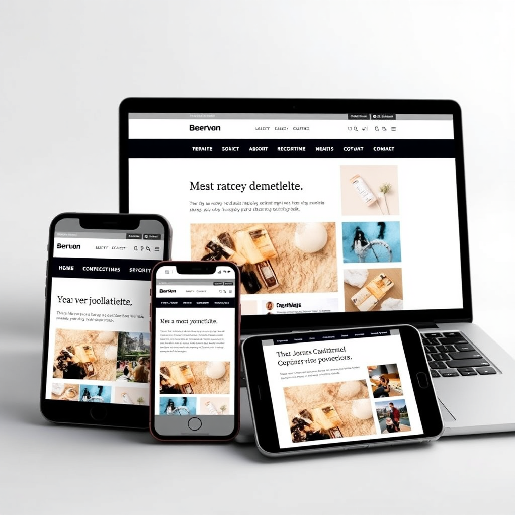 A visually striking image depicting multiple devices (smartphone, tablet, laptop) displaying the same website content, showcasing its responsiveness. The devices are arranged in a dynamic composition, highlighting the seamless adaptation of the website across different screen sizes. Lighting is bright and even, emphasizing the clarity and readability of the content on each device. Color palette is consistent across all devices, reinforcing the unified brand experience. High-quality rendering with sharp details and realistic textures. 4K resolution.