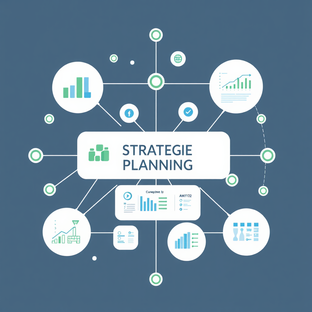 An abstract image representing strategic planning, with interconnected nodes, flowcharts, and data visualizations forming a cohesive plan. The color palette is professional and calming, with blues, greens, and grays dominating. Technical specs: 4K resolution, high-quality digital rendering.