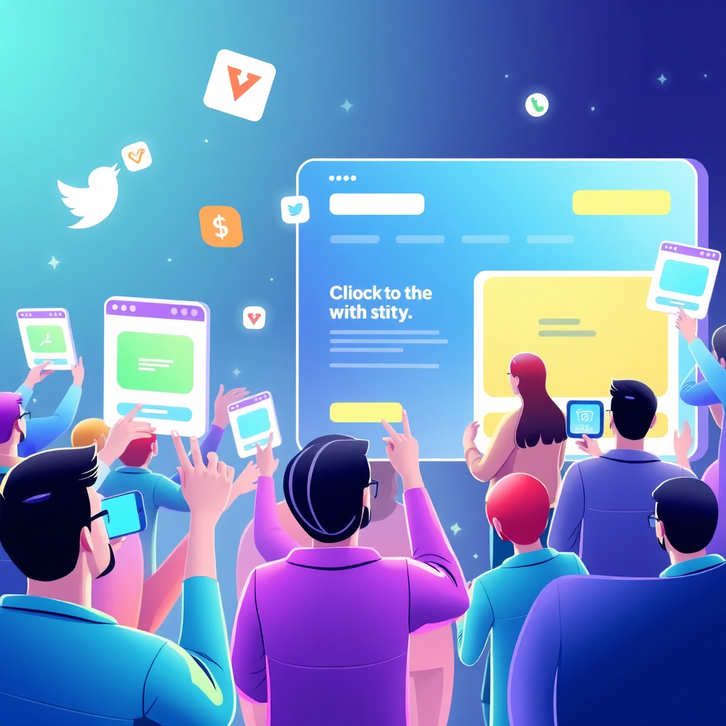 An illustration depicting a stream of people clicking on social media posts and being transported to a website landing page. The color palette is dynamic and engaging, with blues, greens, and purples dominating. The overall style is modern and interactive. Technical specs: 4K resolution, high-quality digital rendering.
