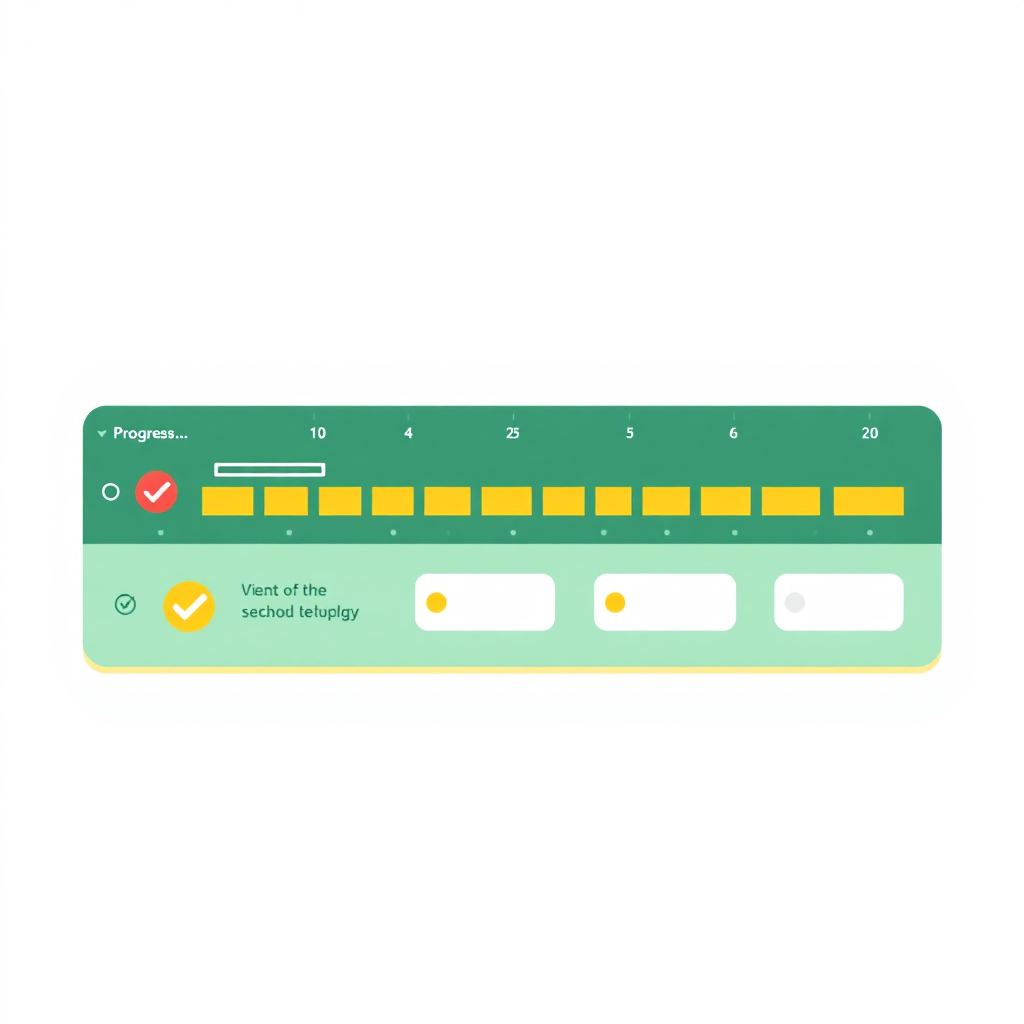 Create a digital illustration showing a progress tracker with various stages of the school admission process clearly marked. The tracker should include visual cues like checkmarks, progress bars, and deadlines. The colors should be bright and encouraging, such as greens and yellows. The background should be clean and uncluttered to emphasize the tracker. The overall composition should convey organization and efficiency.