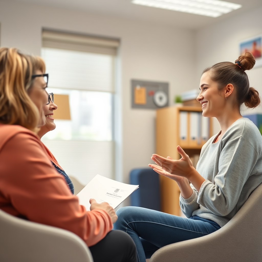 Create a photorealistic image of a school counselor providing personalized advice to a student in a bright and supportive office setting. The counselor should be actively listening and providing helpful suggestions. The student should look engaged and optimistic. The background should include elements like school diplomas and resources. The lighting should be soft and inviting, creating a comfortable atmosphere. The overall composition should convey care and individual attention.