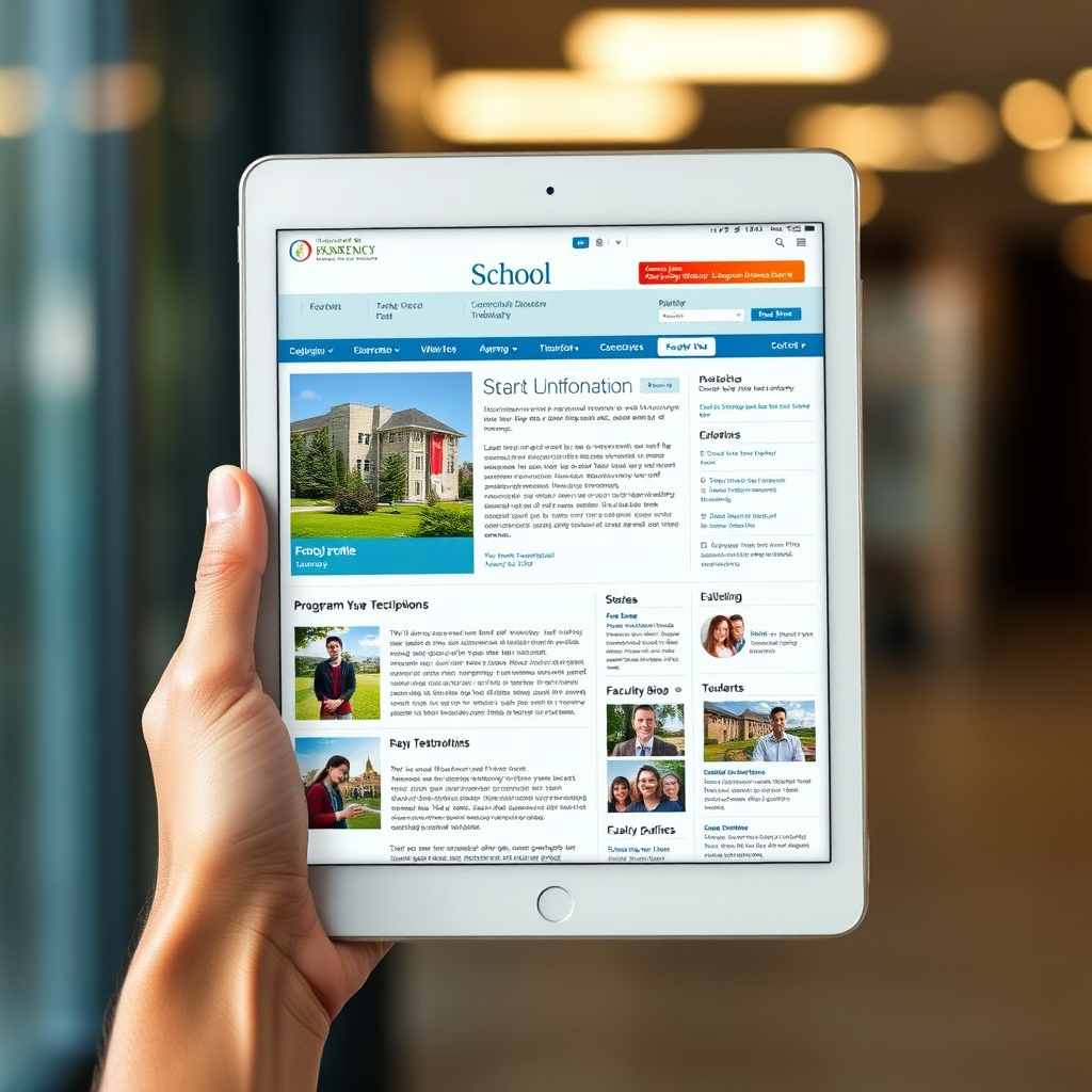Create a photorealistic image showcasing a detailed school profile page on a tablet. The page should include elements like campus photos, program descriptions, faculty bios, and student testimonials. The tablet should be held by a hand, with the focus on the screen. Use high-quality graphics and a clean layout to create a sense of professionalism and trustworthiness. The background should be blurred to emphasize the tablet screen. The overall composition should convey the idea of comprehensive and accessible information.