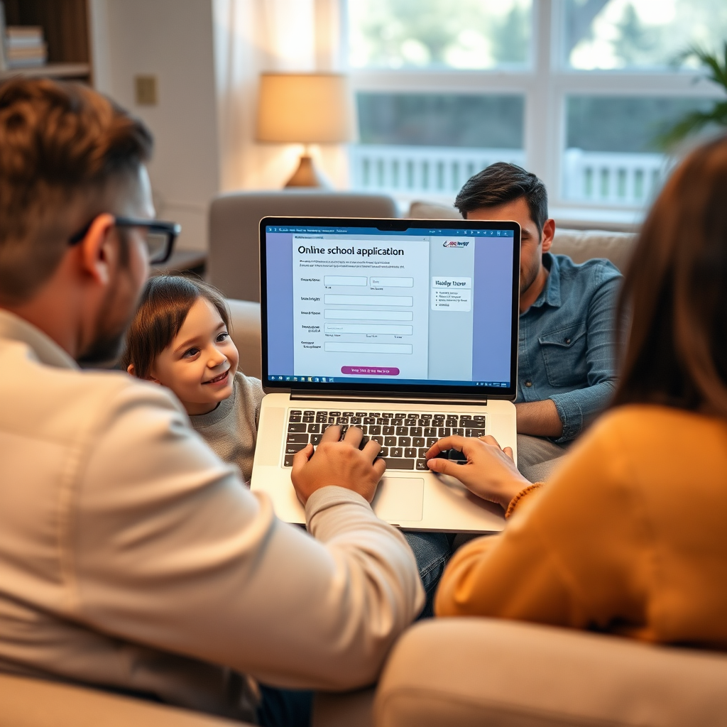 Create a photorealistic image showcasing a family comfortably filling out an online school application on a laptop at their home. The scene should depict a warm, well-lit living room with a focus on the laptop screen displaying a user-friendly application form. The family should appear relaxed and engaged in the process, emphasizing ease and convenience. Utilize soft lighting and a shallow depth of field to highlight the laptop screen and the family's expressions. The color palette should be inviting and comforting. The overall composition should convey simplicity and accessibility.