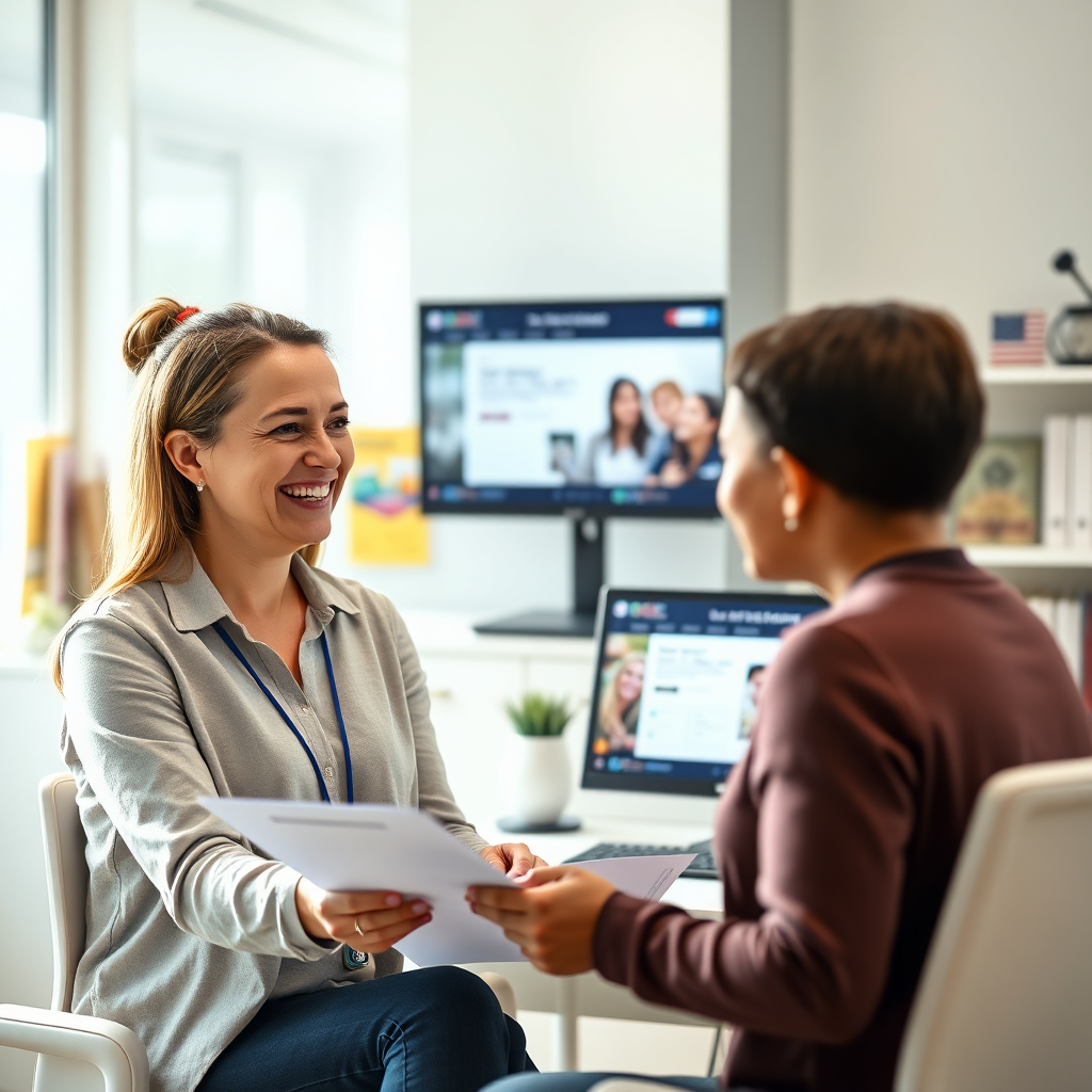 Create a photorealistic image of a friendly and professional school admissions advisor assisting a parent with their application. The scene should take place in a bright and welcoming office setting. The advisor should be smiling and making eye contact, while the parent looks engaged and reassured. The background should include elements like educational brochures and a computer screen displaying the school's website. The lighting should be soft and natural, creating a supportive and approachable atmosphere. The overall composition should convey trust and expertise.