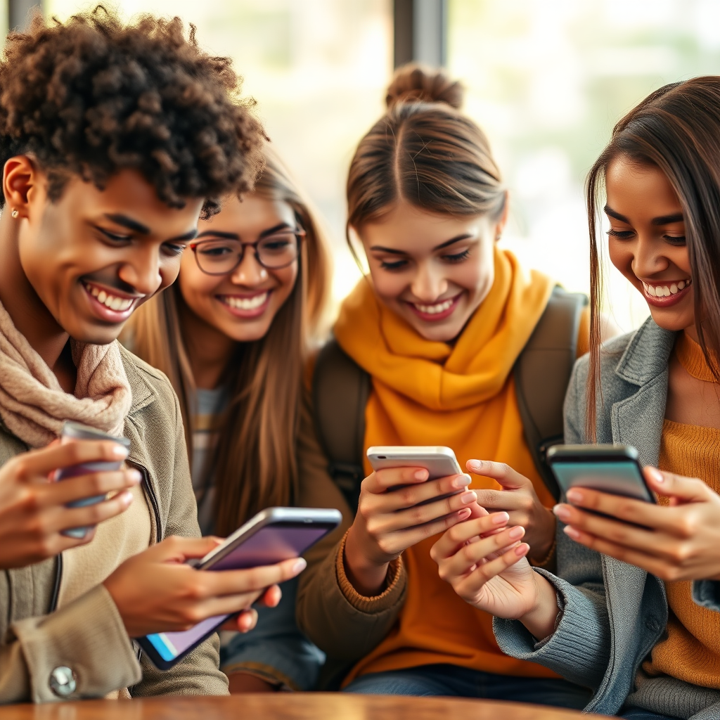 Create a photorealistic image showcasing a diverse group of students using various mobile devices (smartphones, tablets) to access a school admission website. The scene should take place in a casual and relaxed setting, such as a coffee shop or a park. The students should be smiling and engaged with their devices, indicating the ease of use and accessibility. The background should be blurred to emphasize the mobile devices. Use natural lighting and a vibrant color palette to create a modern and dynamic atmosphere.