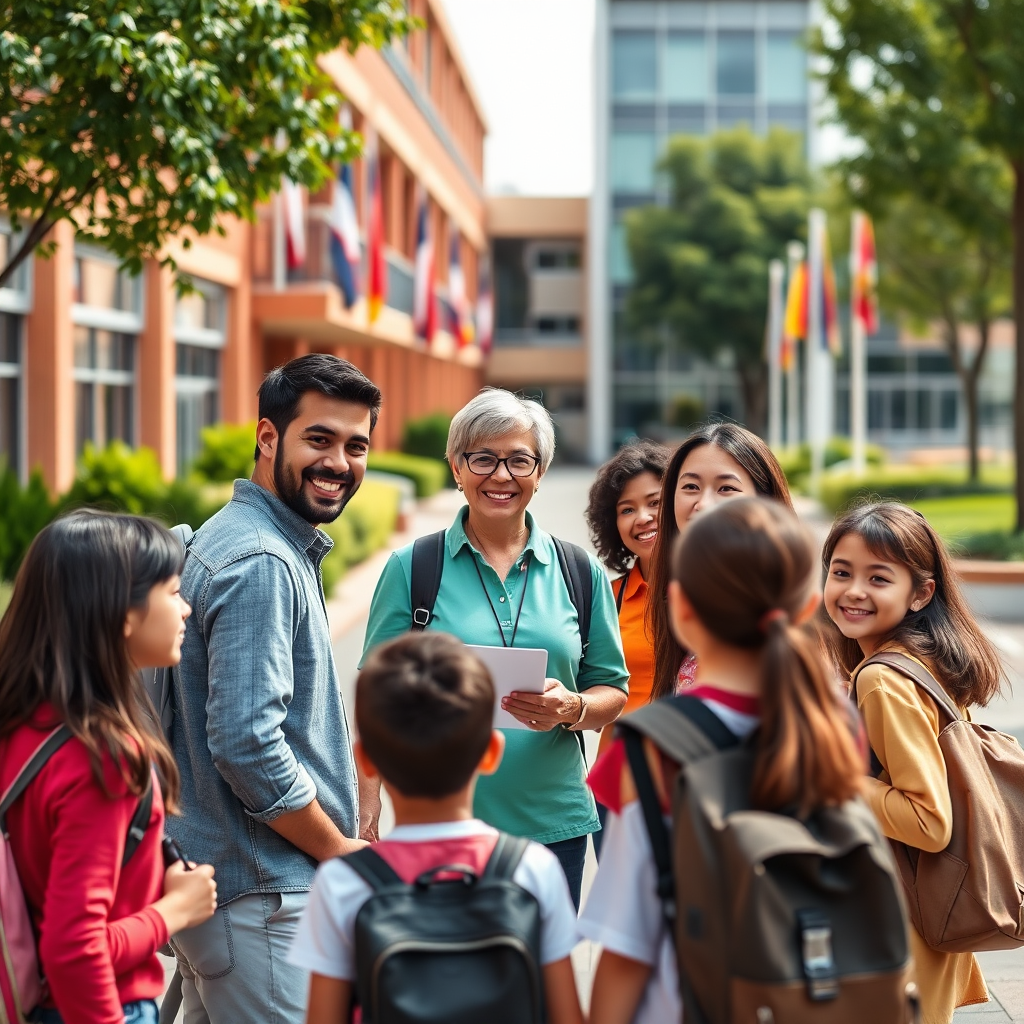 Create a photorealistic image for the 'About Us' section of a school admission website. The image should showcase a diverse group of students happily interacting with a teacher on a modern school campus. The composition should be balanced, with the teacher at the center, surrounded by engaged students. Use warm, natural lighting to create a welcoming atmosphere. The color palette should consist of bright and cheerful colors, reflecting the energy of the school environment. Capture the texture of the school buildings and the lush greenery of the campus. The camera angle should be slightly elevated to provide an overview of the scene. Include elements like school flags, well-maintained buildings, and smiling faces to convey a sense of community and academic excellence. Aim for a 4K resolution image with high-quality detail.