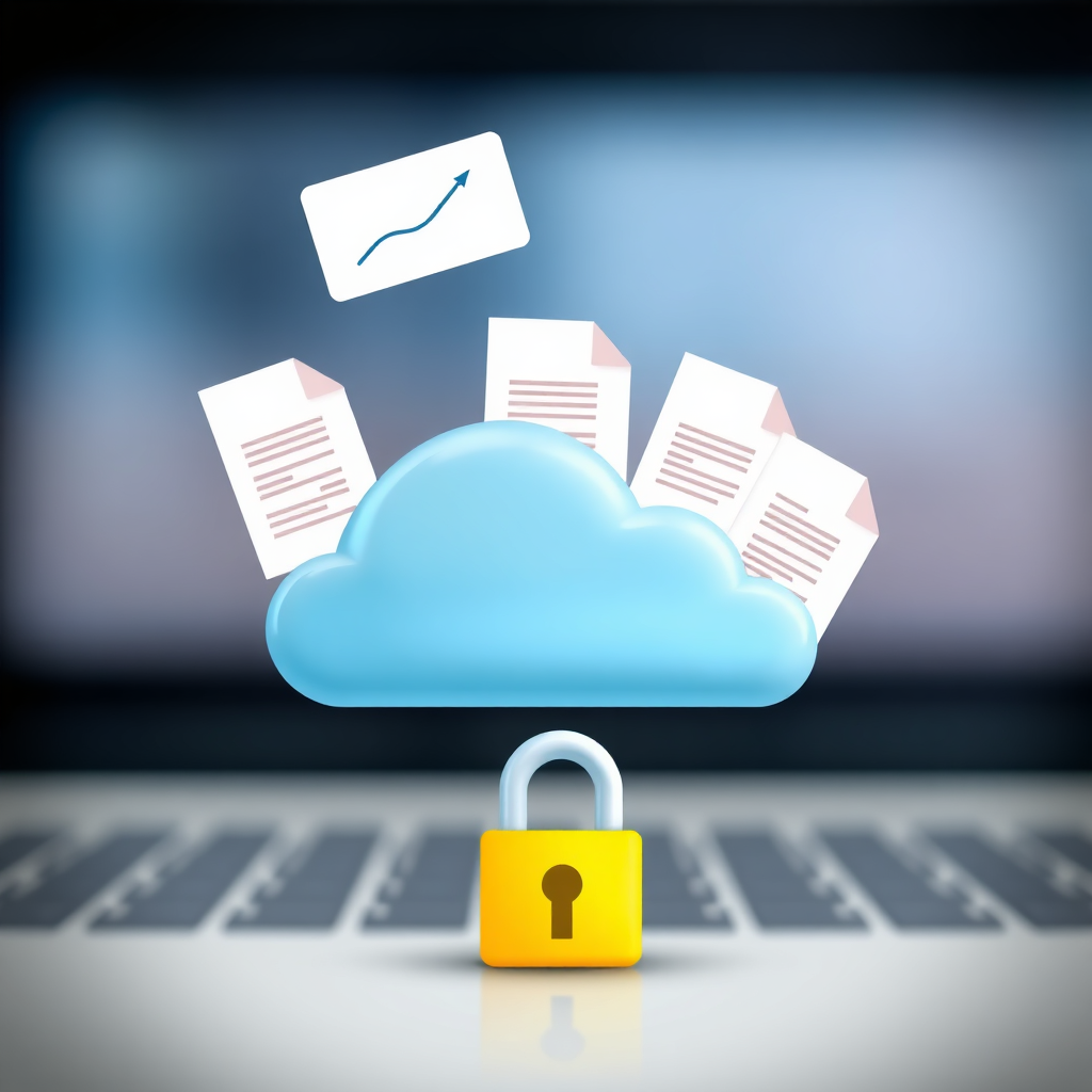 Create a stylized image depicting a digital cloud with documents floating towards it, representing the easy upload of application materials. The cloud should be modern and sleek, with bright and cheerful colors. The documents should have visual cues indicating different types of files, such as transcripts and recommendation letters. The composition should convey a sense of security and efficiency. Use a shallow depth of field to emphasize the cloud and documents while blurring the background.