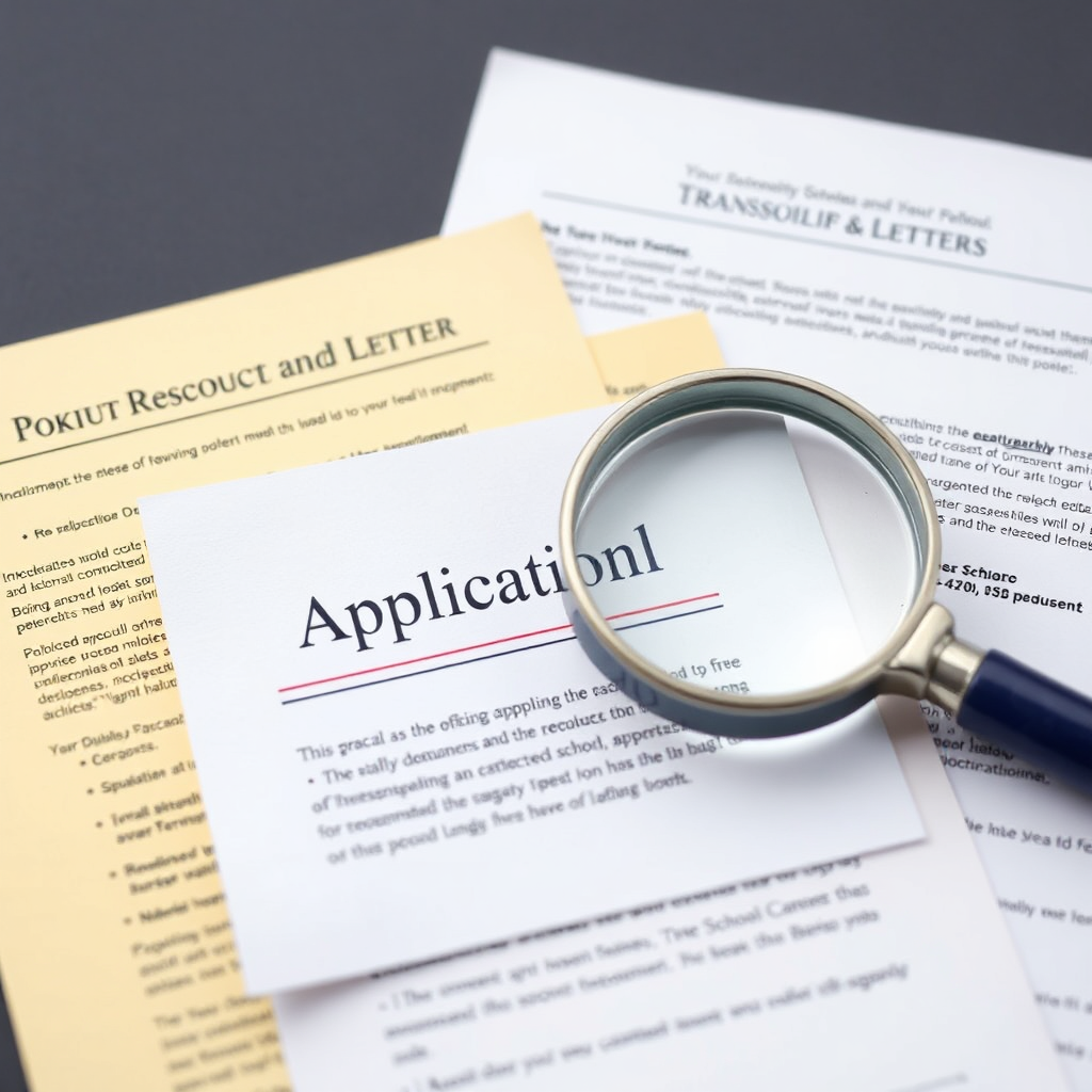 Create an image showing a magnifying glass over important documents related to a school application. The documents should include transcripts, essays, and recommendation letters. The scene should convey attention to detail and thoroughness. Use professional and trustworthy colors.