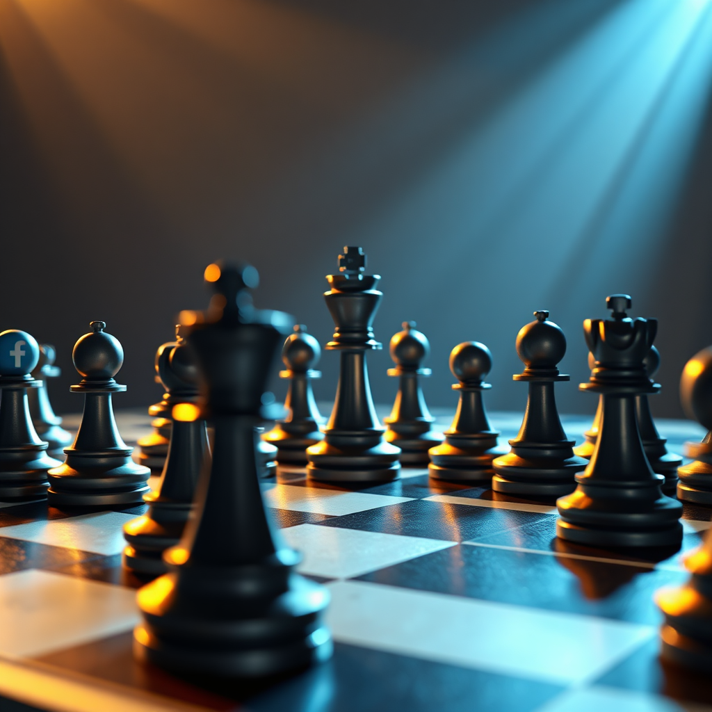 Photorealistic representation of a chess board where game pieces represent social media companies. The light falls in such a way that focuses only on key strategic areas. Technical Specs: 4k resolution