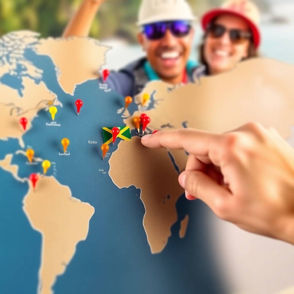 A concept image showing a world map with pins highlighting various Jamaican attractions. A hand is pointing to a specific location on the map, suggesting personalized planning and attention to detail. The background is a blurred image of a happy tourist enjoying a Jamaican activity.
