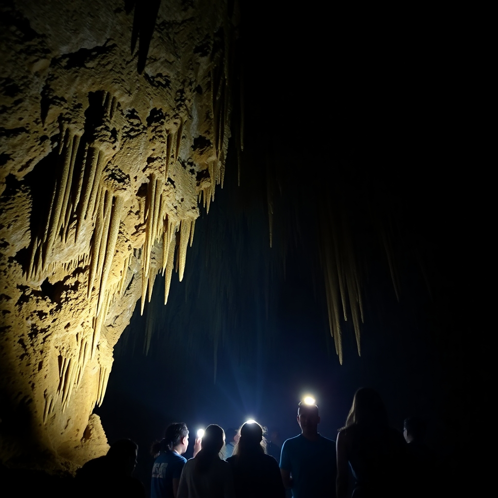 A dimly lit, atmospheric image of a cave interior in Jamaica. Stalactites and stalagmites create intricate formations. The play of light and shadow adds to the sense of mystery and wonder. A group of tourists, guided by a local expert, explores the cave with headlamps.