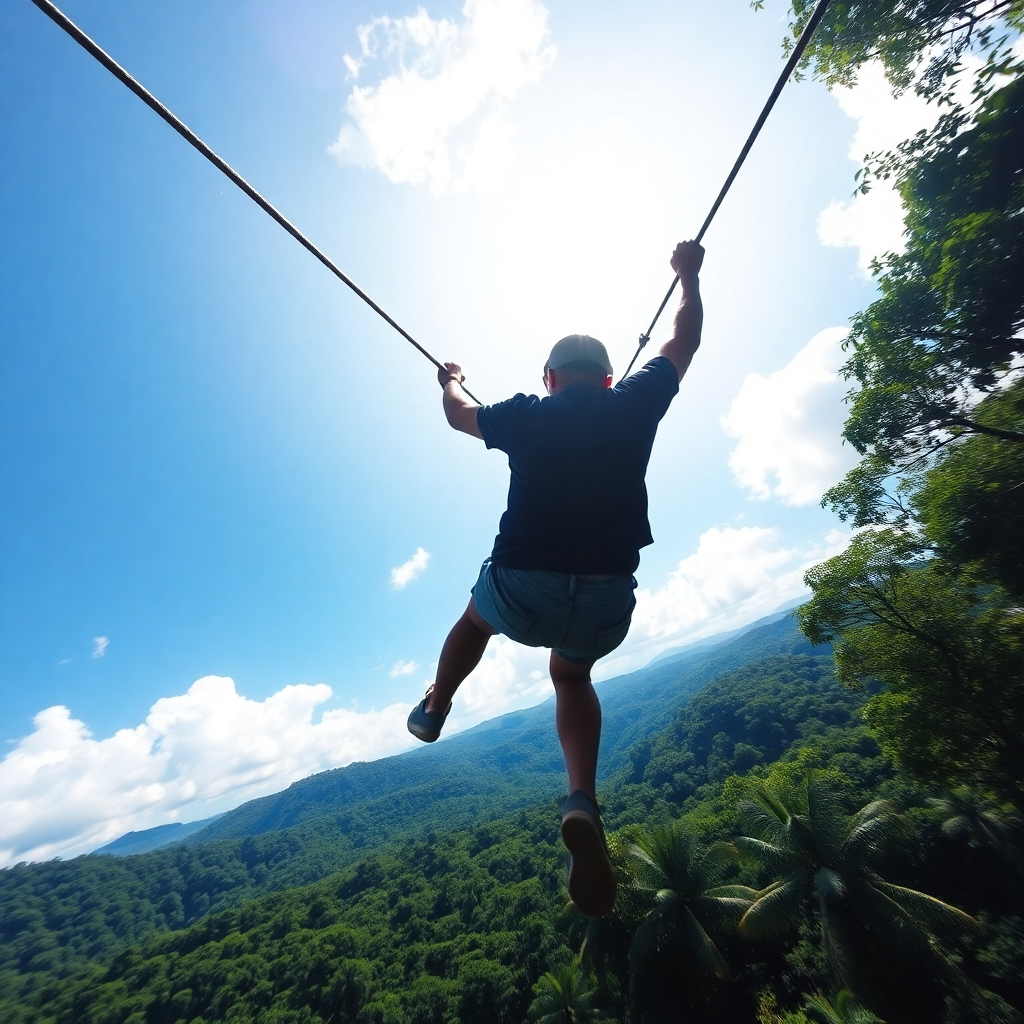 A dynamic, photorealistic image of a person ziplining through the Jamaican rainforest. The camera angle is from below, looking up at the zipliner silhouetted against the bright sky. The lush green canopy stretches out below. The image conveys a sense of speed, excitement, and adventure.