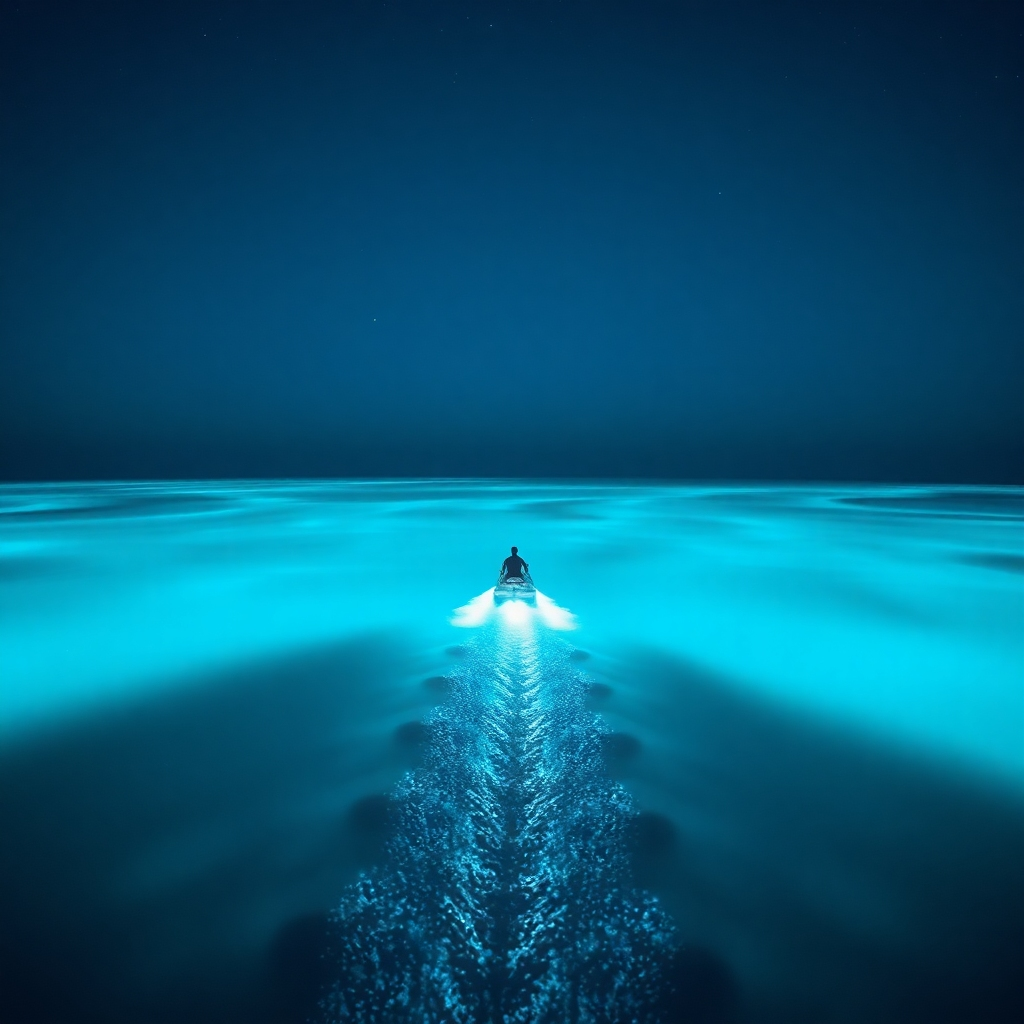 A magical and ethereal image of the Luminous Lagoon in Jamaica at night. The water glows with a vibrant blue bioluminescence. A boat glides through the lagoon, leaving a shimmering trail in its wake. The sky is dark and clear, with stars twinkling above.