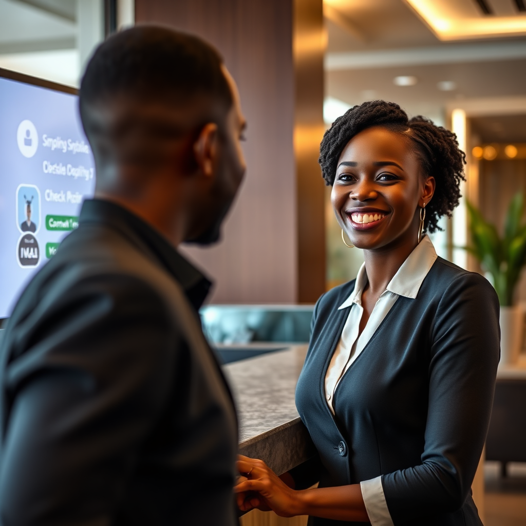 A photorealistic image of a Jamaican hotel receptionist smiling warmly at a guest. In the background, a digital screen displays a simplified, automated check-in process. The lighting is soft and inviting, highlighting the human connection enhanced by technology. Focus on the receptionist's genuine smile, symbolizing improved customer service through automation. The setting is a modern, stylish hotel lobby. Color palette is warm and welcoming, with accents of Jamaican colors. The style is contemporary and professional.