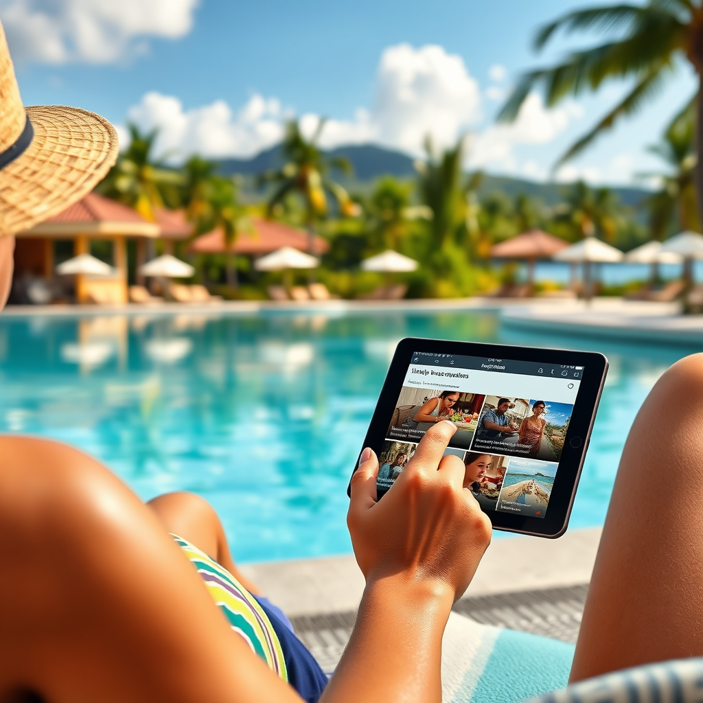 A photorealistic image showing a Jamaican resort guest lounging by the pool, using a tablet displaying personalized recommendations for local activities and dining options. The background features the lush scenery of the resort. The color palette is bright and vibrant, reflecting the energy of Jamaica. Soft, natural lighting emphasizes the relaxed atmosphere. Focus is on the personalized content on the tablet, demonstrating the power of AI-driven recommendations.