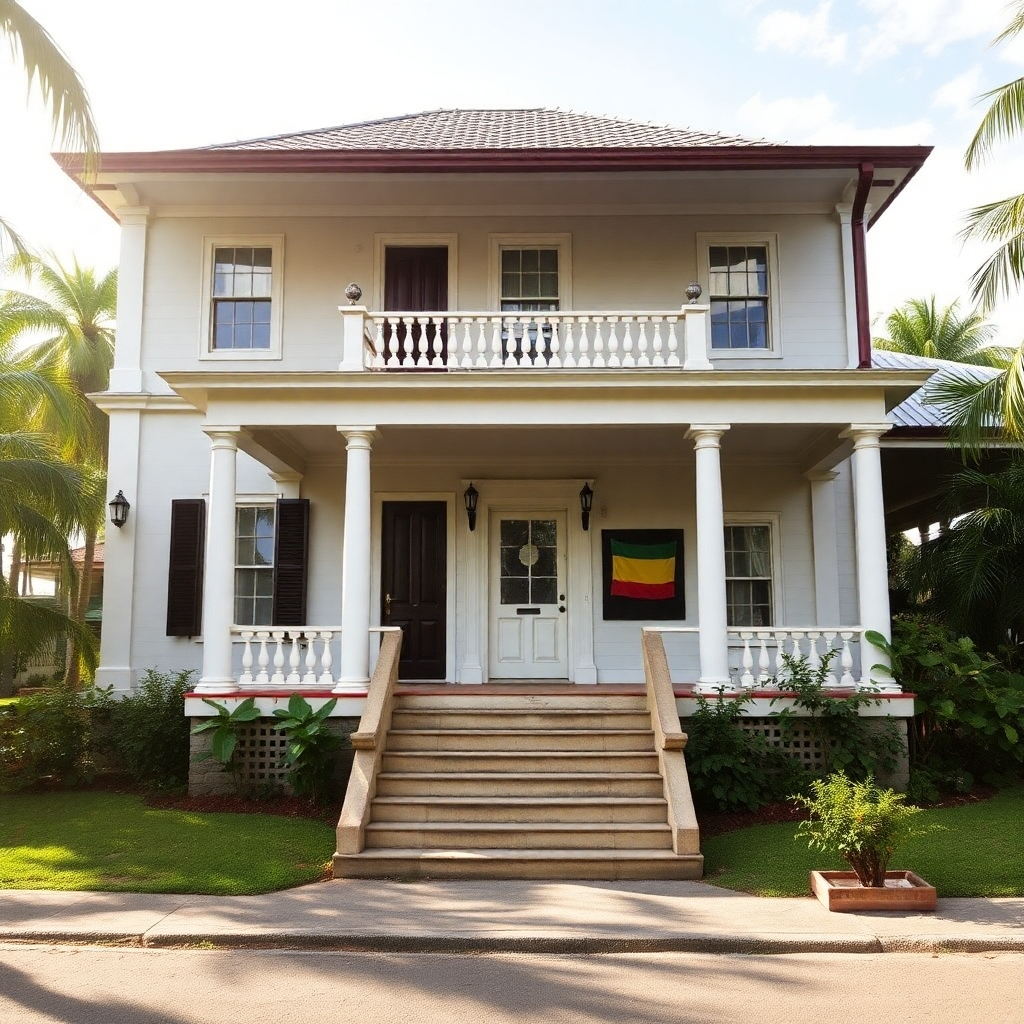 A respectful and evocative image of the Bob Marley Museum in Kingston, Jamaica. The museum is a beautifully preserved colonial-style house. Soft, natural light illuminates the scene. The image conveys a sense of history, culture, and musical heritage.