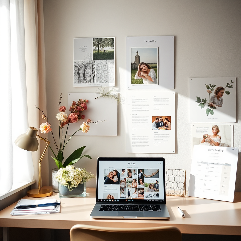 Desk of a wedding planner with mood boards and fabric samples