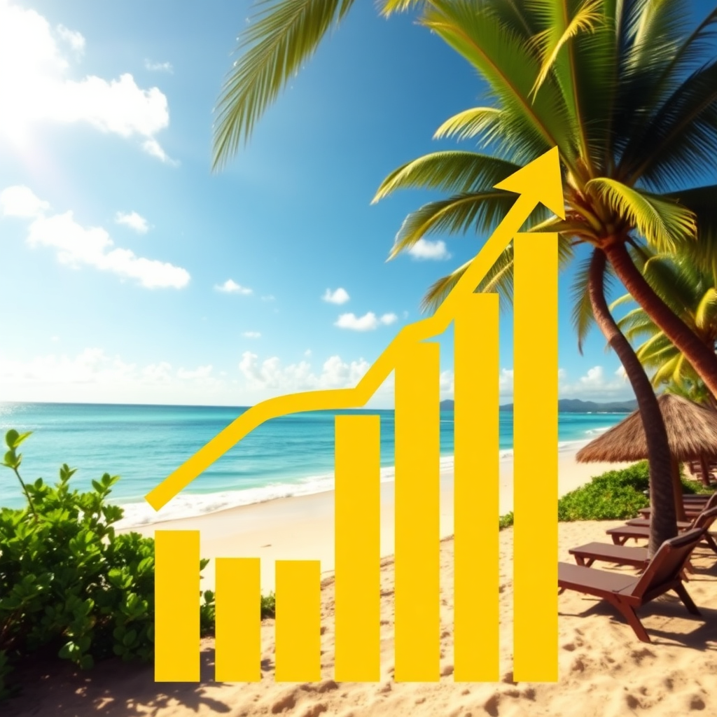 A stylized image showing a growth graph overlaid on a scenic view of a Jamaican beach. The graph is ascending rapidly, representing increased revenue. The color palette is bright and optimistic, emphasizing growth and success. The style is clean and modern, highlighting the positive impact of automation.