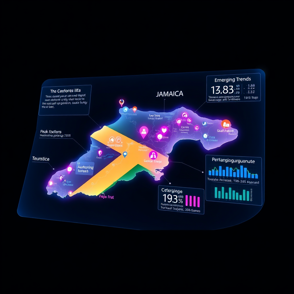 A stylized image of a friendly AI assistant avatar interacting with a tourist on a mobile device, showcasing personalized recommendations for Jamaican attractions. The color palette is vibrant and welcoming, emphasizing the helpfulness of the AI assistant. The style is modern and user-friendly.