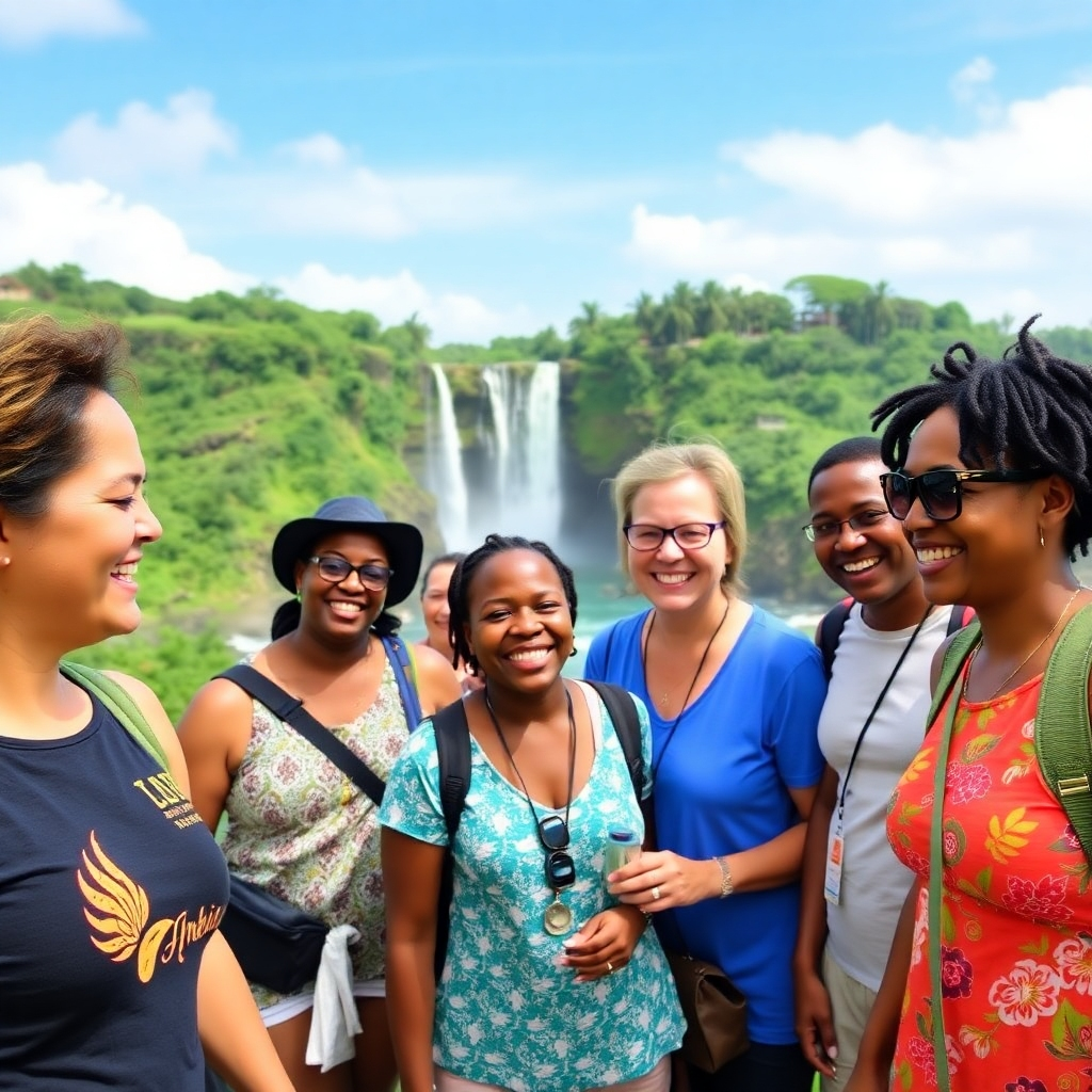 A vibrant and energetic image of a diverse group of people on a guided tour in Jamaica. They are smiling and interacting with each other and the guide. The background is a scenic Jamaican landscape, such as a waterfall or a beach.