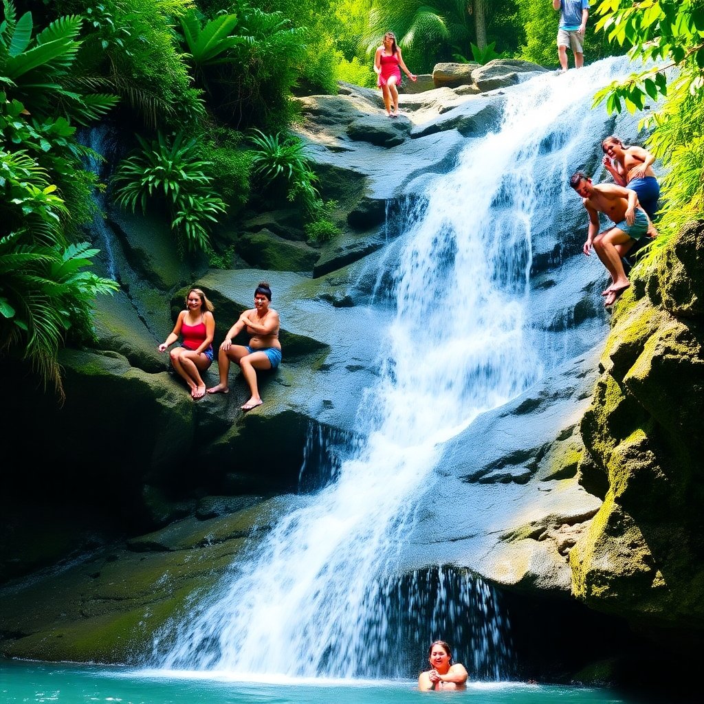 A vibrant image of a group of people climbing Dunn's River Falls in Jamaica. Clear, cascading water flows over the rocks. Lush greenery surrounds the falls. The people in the image are laughing and enjoying themselves. The overall tone is cheerful and energetic.