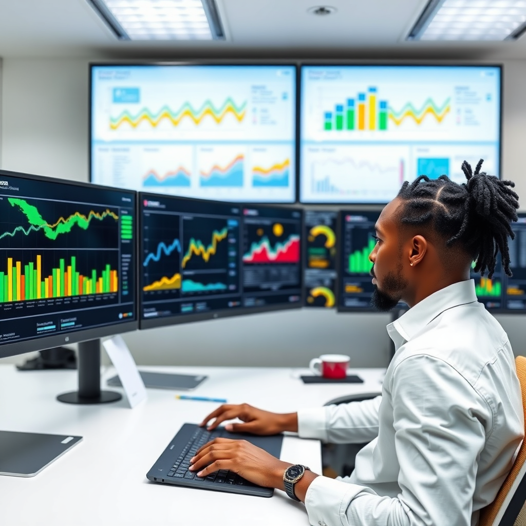 An image depicting a modern office space in Jamaica with large monitors displaying data dashboards and analytical graphs related to tourism trends. The color palette is professional and clean, with accents of Jamaican colors. Lighting is bright and focused, emphasizing the clarity of the data. Focus is on a manager analyzing the data, making informed decisions. The style evokes a sense of professionalism and data-driven efficiency.