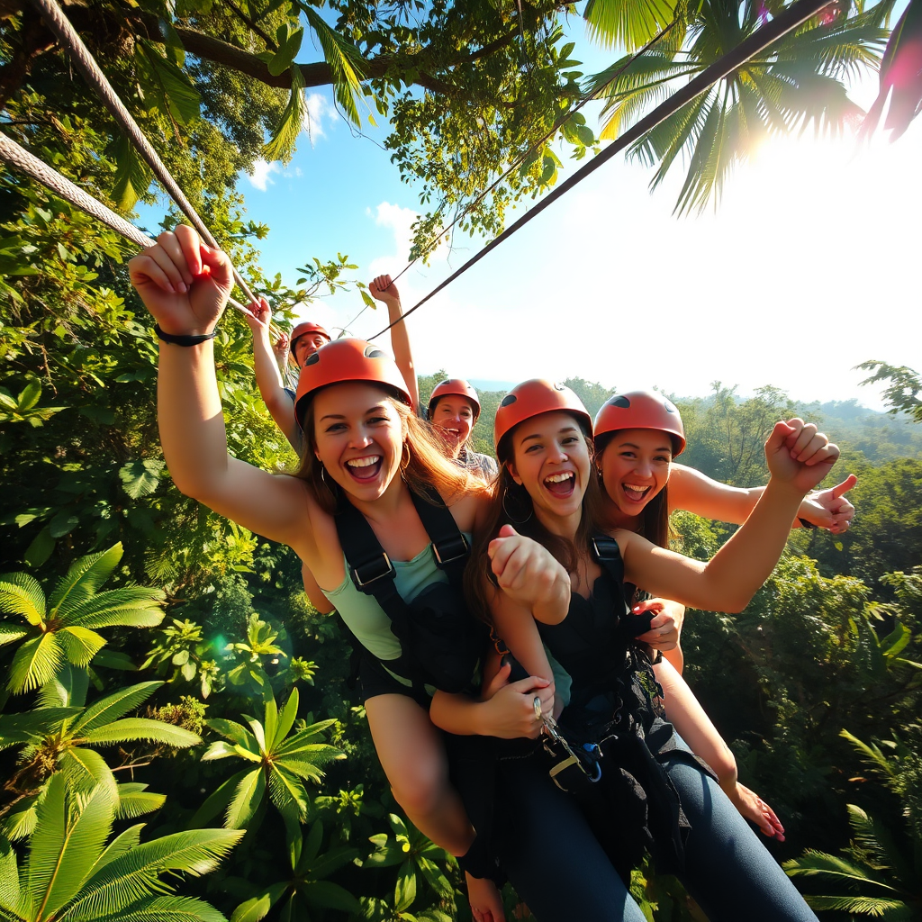 Capture a dynamic scene of a group zip-lining through a tropical rainforest canopy. The image should feature the excitement on the faces of the participants as they soar above the treetops, surrounded by lush greenery and bright sky. The lighting should show the sun shining brightly, enhancing the feeling of thrill and adventure. This image should evoke a sense of adrenaline and joy, inviting adventure enthusiasts to join in.
