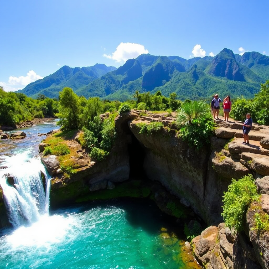 Capture a stunning landscape shot featuring the Blue Mountains in the background and a beautiful waterfall cascading into a natural pool. The composition should include a few tourists taking in the scenery, emphasizing their awe. The lighting should be bright and clear, highlighting the vibrant blues and greens of nature. Use a slight aerial perspective to show the grandeur of the mountains and waterfall. The image should convey tranquility and adventure, showcasing Jamaica's unique environment.
