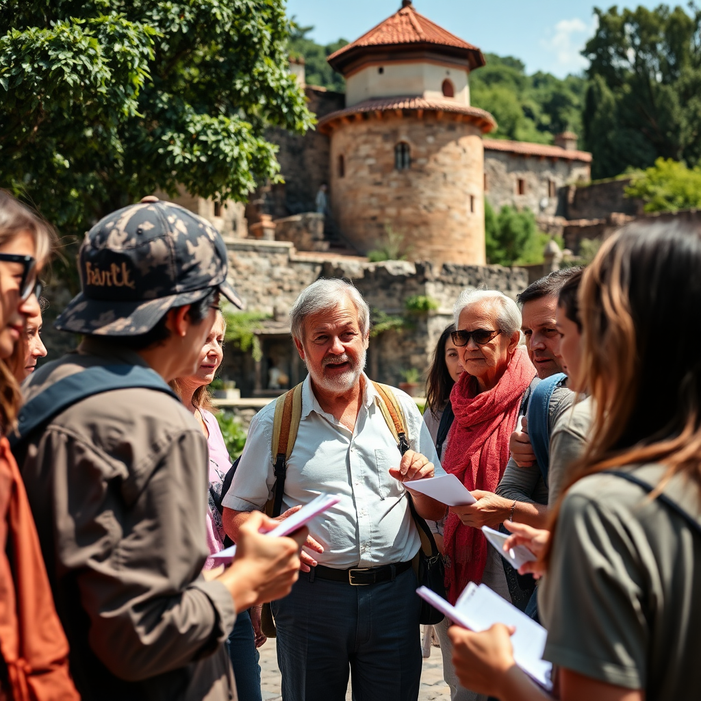 Create a captivating image of a knowledgeable tour guide explaining local history to a group of tourists at a historic site. The setting should include cultural landmarks and lush greenery in the background. The guide should be animated, surrounded by engaged tourists who are taking notes or asking questions. The lighting can be bright, making the atmosphere lively and engaging. This image should evoke both education and enjoyment, reflecting the enriching experiences offered.