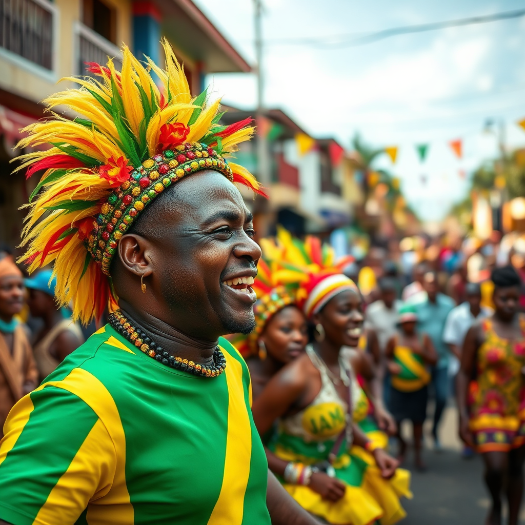 Create an image capturing a vibrant Jamaican festival, where locals celebrate with music and dance. The shot should include colorful costumes, joyful faces, and rhythmic movements highlighting the culture. Use natural lighting to enhance the colors of the festival attire and lively decorations. The surroundings should feature a lively street packed with spectators, reflecting a deep sense of community and joy. Technical specs: 4K resolution.