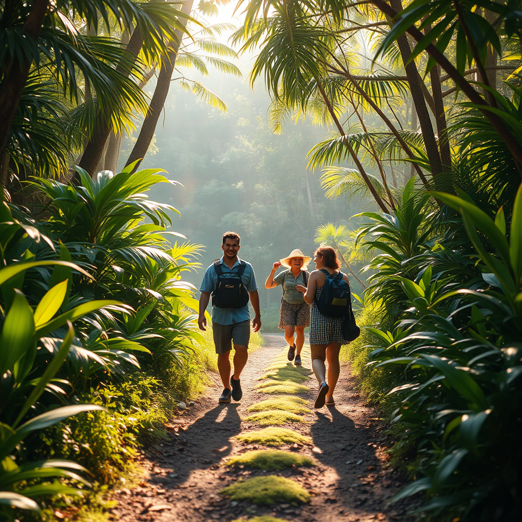 Design a stylized, photorealistic image that captures the essence of O & S Adventure Tours' mission. The composition should include a vibrant scene of a guided tour, with a knowledgeable guide leading a small group of excited tourists through a lush jungle path, surrounded by exotic plants and wildlife. The lighting should be soft and warm, reminiscent of early morning sunlight filtering through the trees, creating dappled light patterns on the path. The color palette should feature rich greens and earthy tones, with textures highlighting the foliage and the trail. The environment should evoke a sense of adventure and discovery, encouraging the viewer to explore Jamaica's natural beauty. The technical specs should be 4K resolution, high quality.