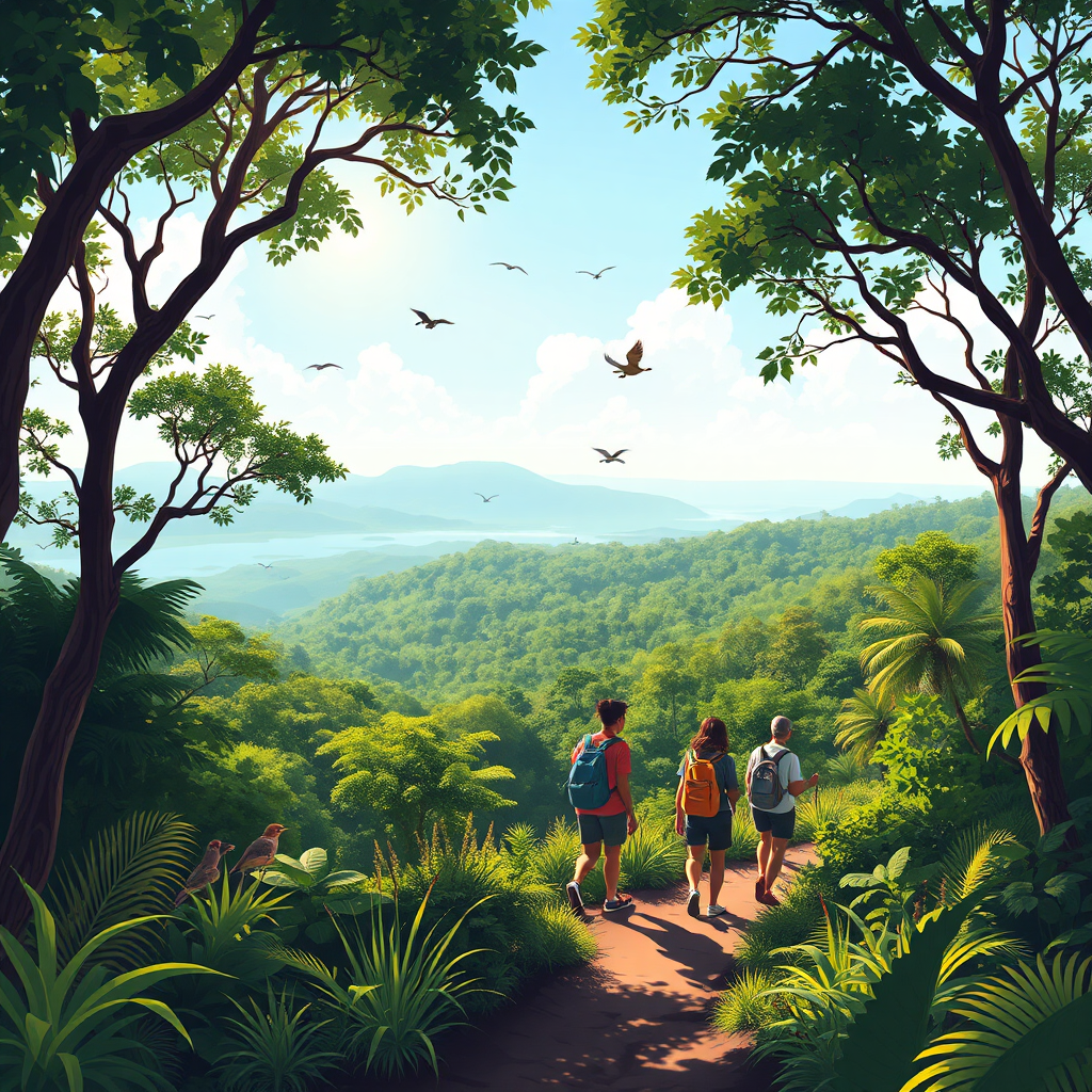 Illustrate a breathtaking view of a national park in Jamaica, featuring dense forests and diverse wildlife. The image should depict a group of tourists hiking a well-marked trail, observing birds and plants around them. The sunlight should filter through the trees, creating a dappled effect on the ground, with vivid greens and browns in the palette. This image should reflect the adventure and variety found when exploring Jamaica's natural beauty.