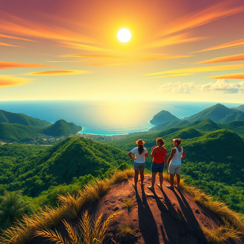 Illustrate a panoramic view from a high hill overlooking the verdant landscape of Jamaica, featuring mountains and the sparkling blue sea. The sky should be painted in warm hues of a sunset, casting a golden glow over the scene. Include a group of friends atop the hill, enjoying the view with expressions of awe. The composition should have sharp contrast between the green hills and the shimmering sea, capturing the overwhelming beauty of nature. Technical specs: 4K resolution.