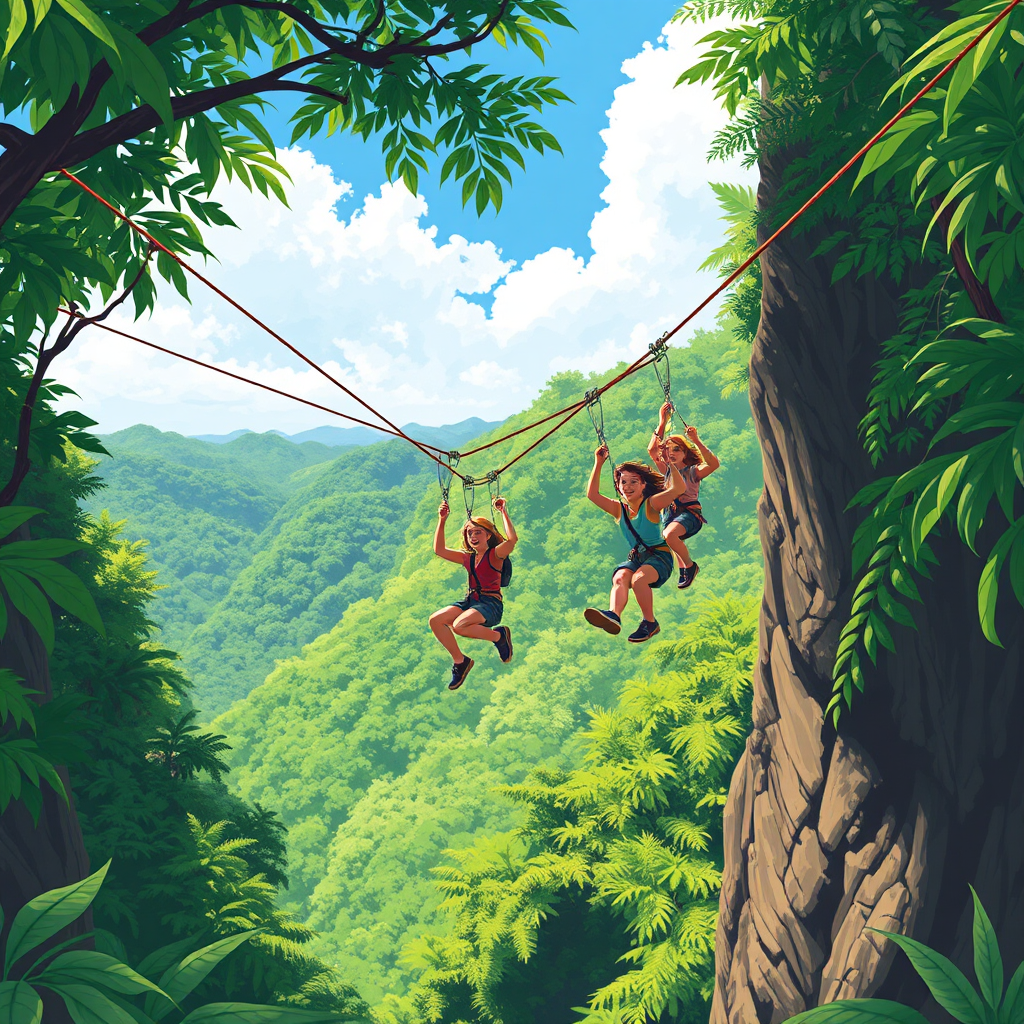 Illustrate an exhilarating image of a zip-lining group crossing a canyon in Jamaica's rainforest. The scene should convey excitement, with faces showing thrill as they glide through the lush canopy. Vivid greens of the foliage and the sky's blue should be prominent. The height and action should be captured from an angle that emphasizes movement and adventure. This image should encapsulate the adventurous spirit of the excursions offered by O & S Adventure Tours.