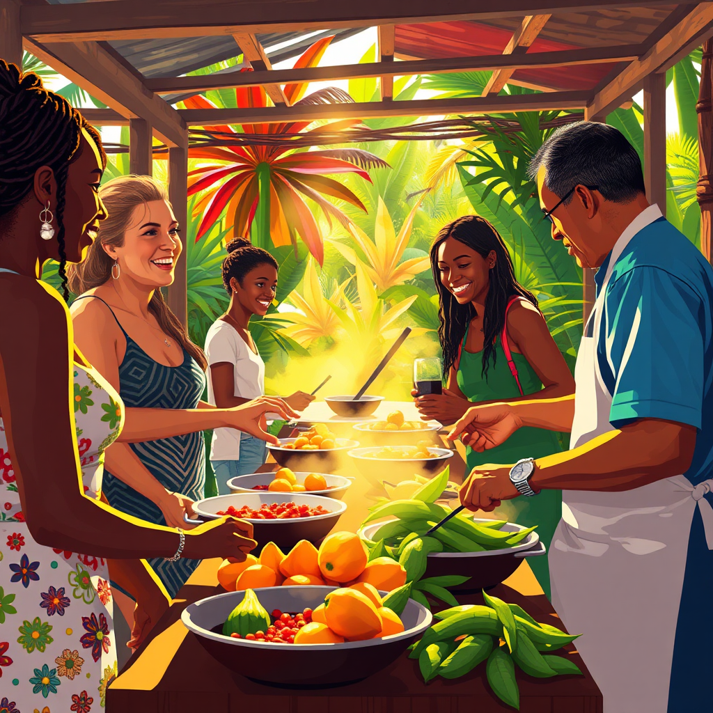 Illustrate an immersive experience showcasing tourists participating in a local cooking class. The image should depict a colorful outdoor kitchen with vibrant fruits and spices. Tourists, engaged and learning, should be the focal point, smiling and interacting with a local chef. The lighting should be warm, reflecting the sun's rays on the scene, with a colorful backdrop of Jamaican flora. This image should invite viewers to participate in unique cultural experiences, with a high-quality visual reminiscent of travel brochures.