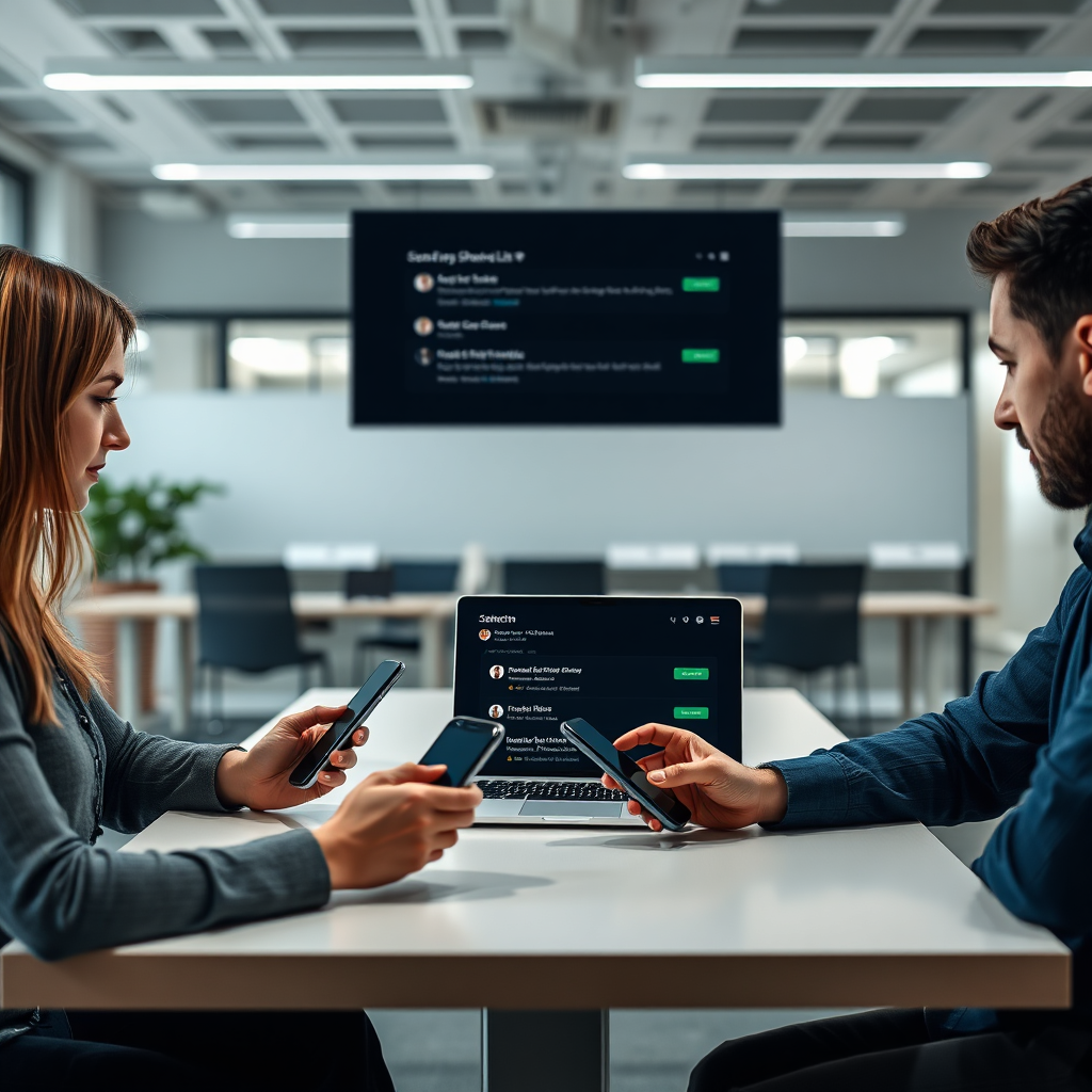 Lightweight illustration of team collaboration with app UI
