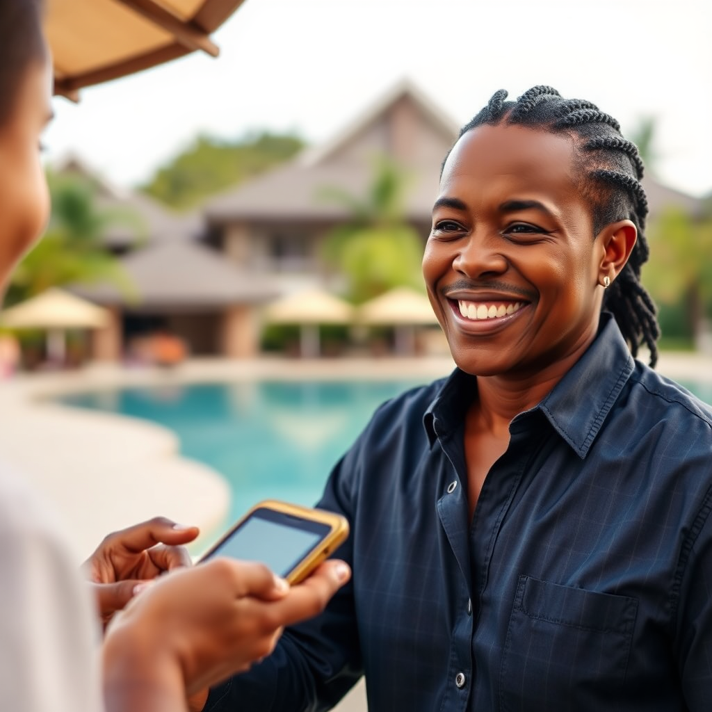 Photorealistic image of a Jamaican resort guest receiving prompt and personalized service via a mobile app. The background shows a luxurious resort environment. The color palette is warm and inviting, emphasizing the relaxed atmosphere. Focus on the guest's smiling face, reflecting their satisfaction.