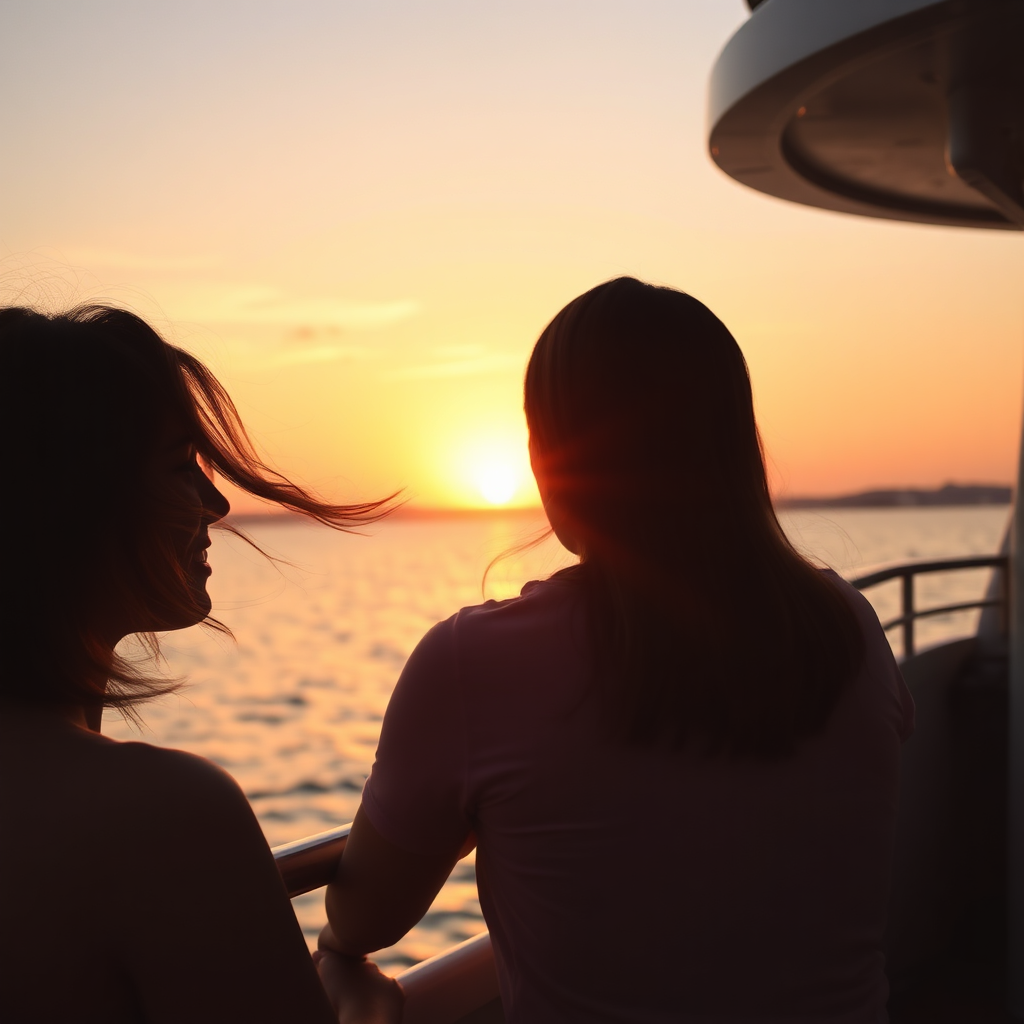 Portray a romantic sunset scene on a boat cruise. The image should show a couple enjoying the view as the sun sets over the horizon, casting warm colors across the sky and water. A gentle breeze can be seen in their hair, creating a sense of intimacy and connection. Capturing the reflections on the water and silhouettes enhances the romance of the moment. The overall image should evoke feelings of love and tranquility, perfect for those seeking a getaway.