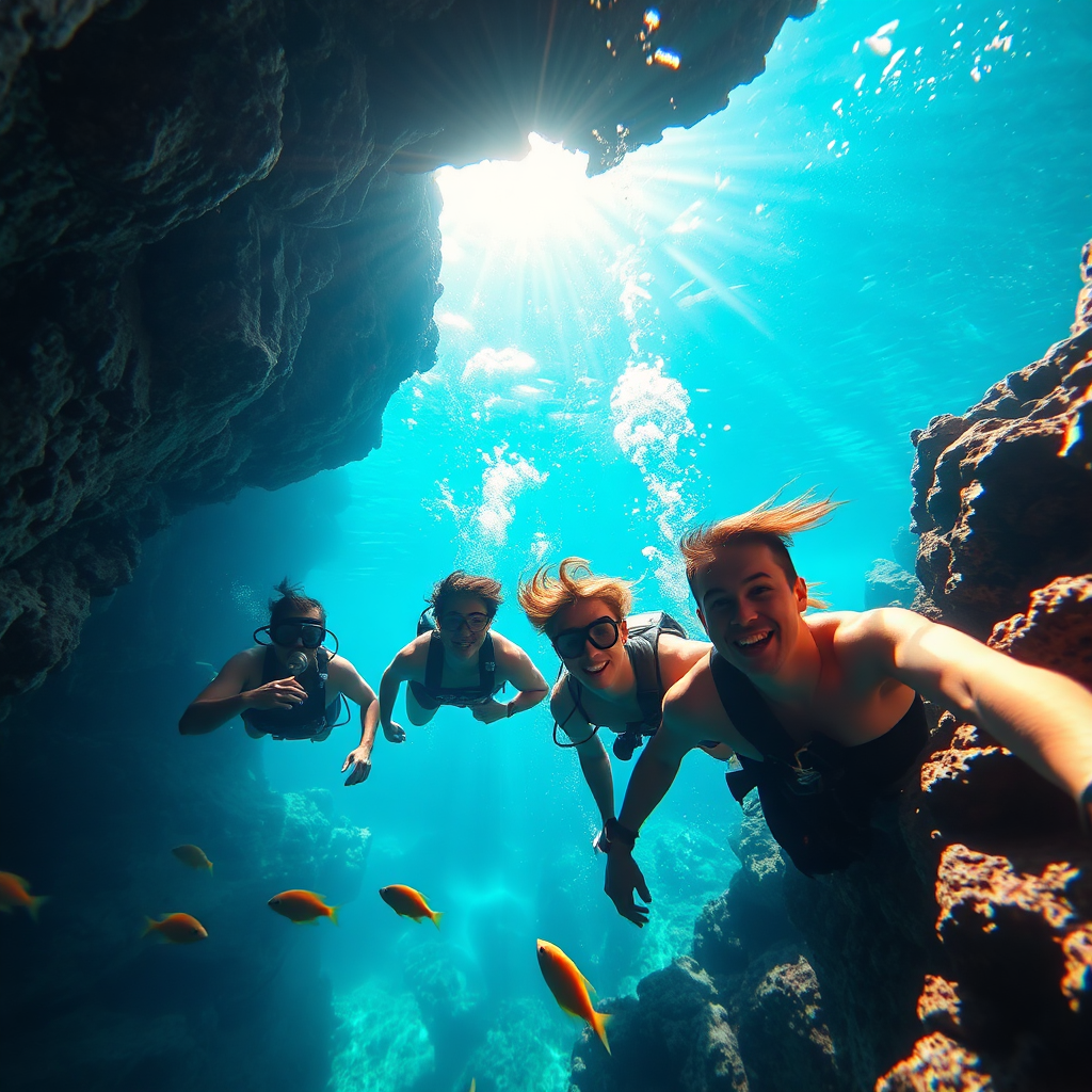 Visualize a thrilling scene of an adventurous group diving into the clear blue waters of a secluded cave. The sunlight streams through the water's surface, creating mesmerizing light patterns. Include sharp details of the rocky cave surroundings and vibrant fish swimming nearby. The water texture should look inviting, and the expression of joyful excitement on the divers' faces adds to the scene’s excitement. Use a wide-angle lens effect to capture the cave's depth and surround the feeling of adventure. Technical specs: 4K resolution.