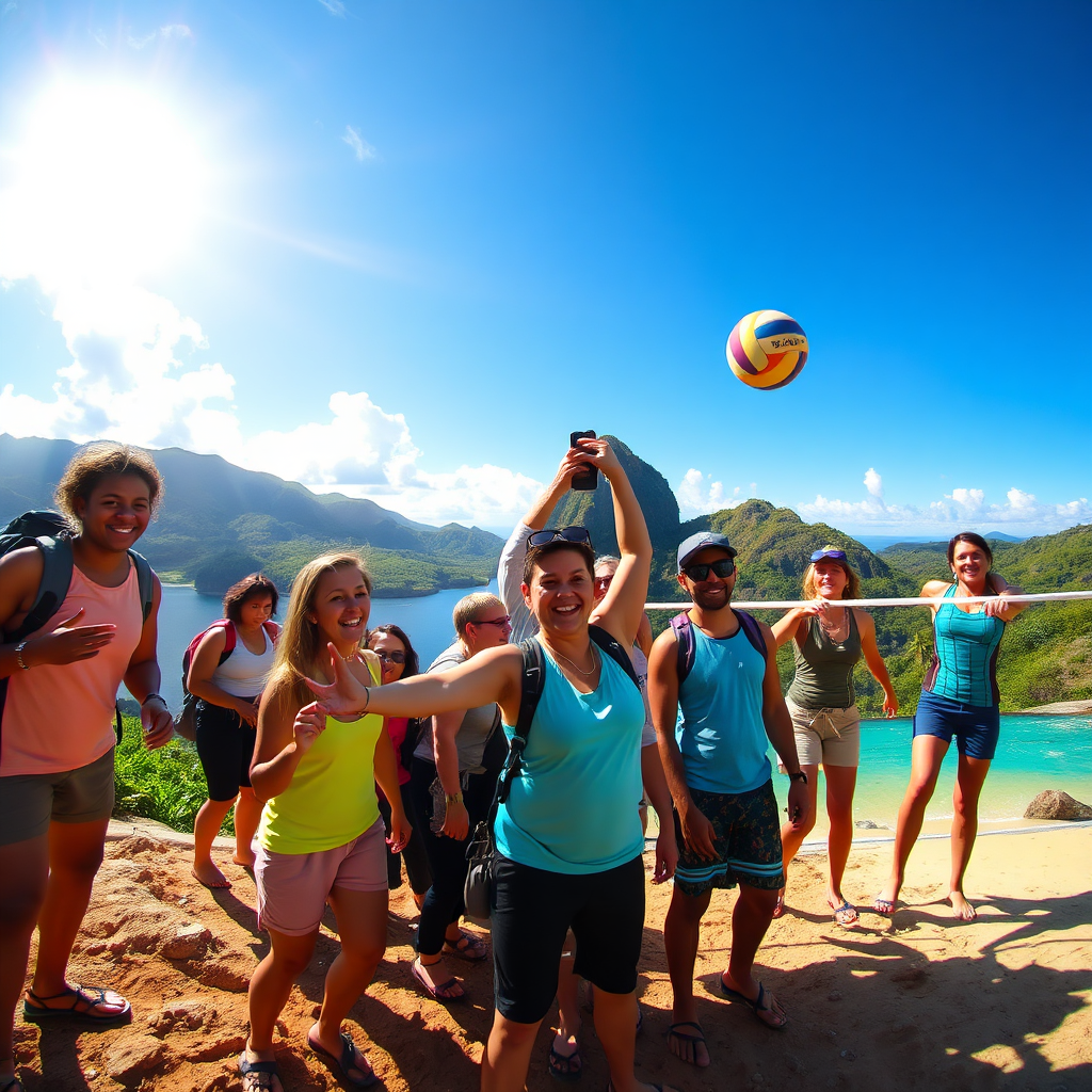 Visualize an exciting group tour where participants of varying skill levels are taking part in at least three different activities: hiking, waterfall climbing, and beach volleyball. Each activity should showcase individuals enjoying themselves, with the beautiful Jamaican landscape in the background. The sunlight should reflect the island’s vibrancy, enhancing the colors of their outfits and surroundings. This image should convey a sense of community and excitement, perfect for showcasing the diversity of adventures available.