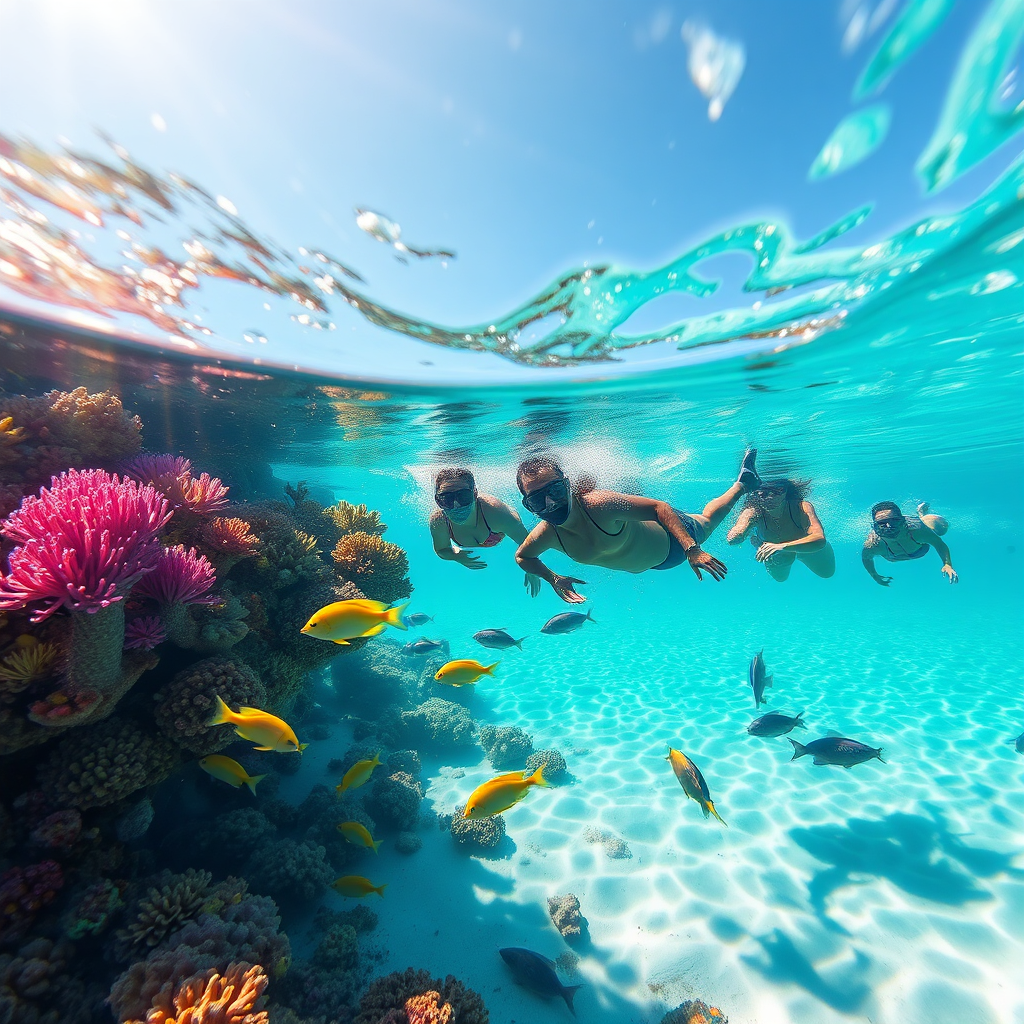Visualize an exciting scene of tourists snorkeling in a coral reef off the coast of Jamaica. The image should feature bright and colorful coral, a variety of tropical fish, and excited snorkelers exploring the reef. The sunlight should penetrate the water, creating shimmering patterns on the sand below, enhancing the magical underwater landscape. The overall image should evoke a sense of adventure and joy, with the vibrant colors of the sea and marine life inviting viewers to explore the aquatic wonders.