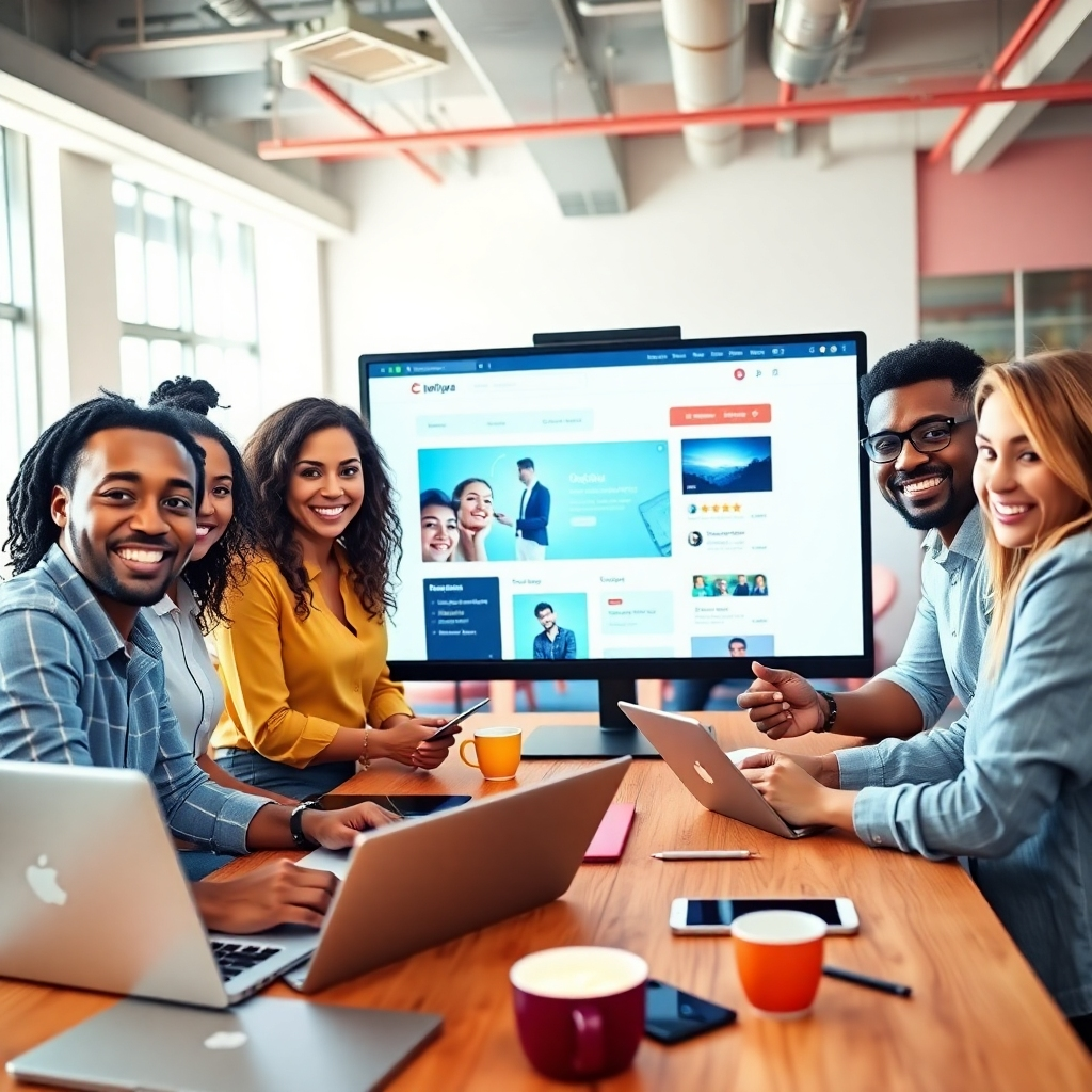 A photorealistic image depicting a diverse group of entrepreneurs collaborating around a large digital screen displaying a website being built in real-time. The setting is a modern, brightly lit co-working space with vibrant colors and collaborative tools scattered around. The entrepreneurs are smiling and engaged, conveying a sense of excitement and accomplishment. The digital screen should showcase a user-friendly interface with drag-and-drop elements, emphasizing the ease of use. The camera angle should be eye-level, creating a sense of connection with the viewer. Subtle lighting effects should highlight the key elements, such as the entrepreneurs' faces and the digital screen. Props include laptops, tablets, and coffee mugs. Style reference: A blend of stock photo realism and modern tech aesthetics. Technical specs: 4K resolution, high quality, ensuring clarity and detail.