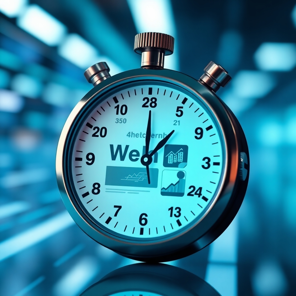 Diseño Web Express: Stopwatch con diseño web en la cara. Fondo borroso, colores modernos (azul y verde). Alta velocidad y eficiencia.