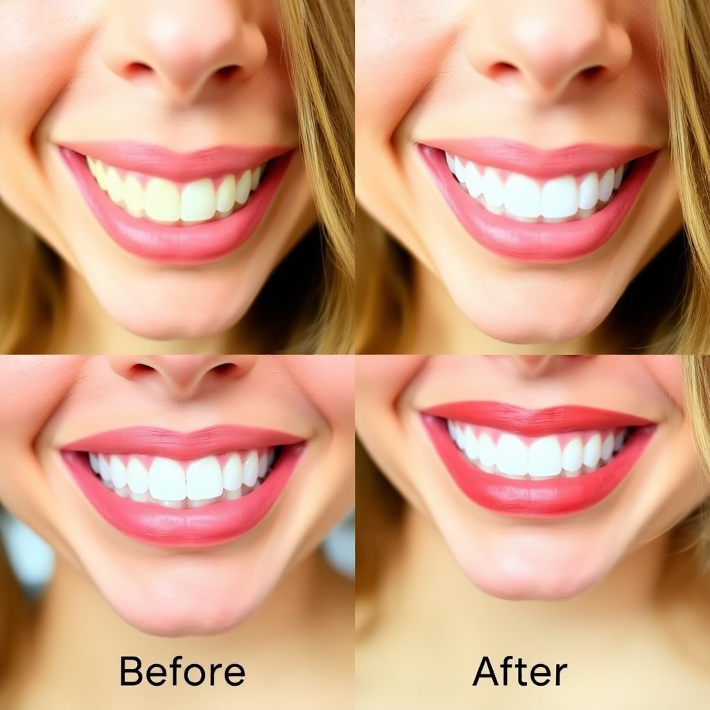 Capture a vibrant image of a person's smile transformation after a teeth whitening procedure. Highlight the before-and-after difference with a side-by-side comparison, emphasizing the brighter and more confident smile.