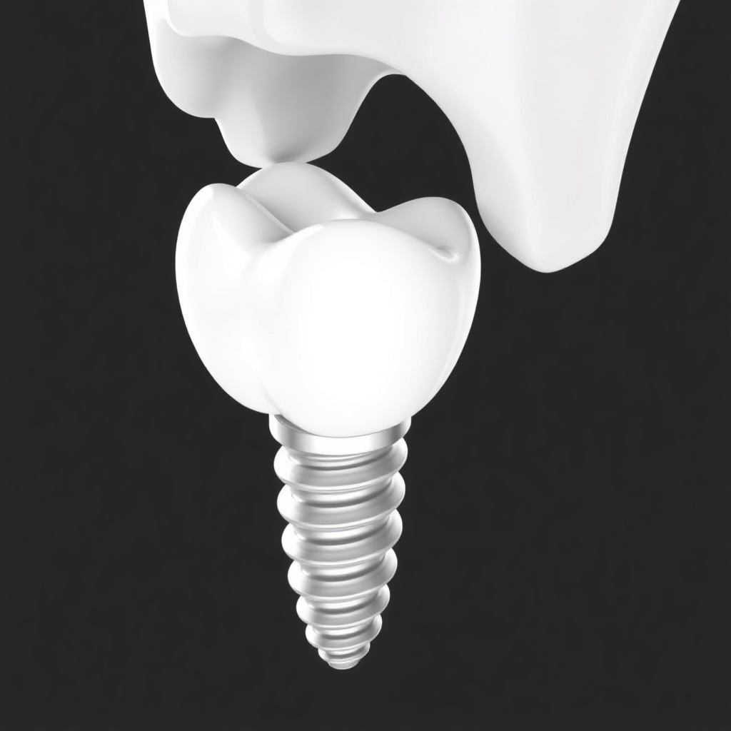 Create a detailed 3D render of a dental implant seamlessly integrated into the jawbone, highlighting its structure and stability. Showcase the implant supporting a realistic-looking crown, emphasizing the natural appearance and functionality.