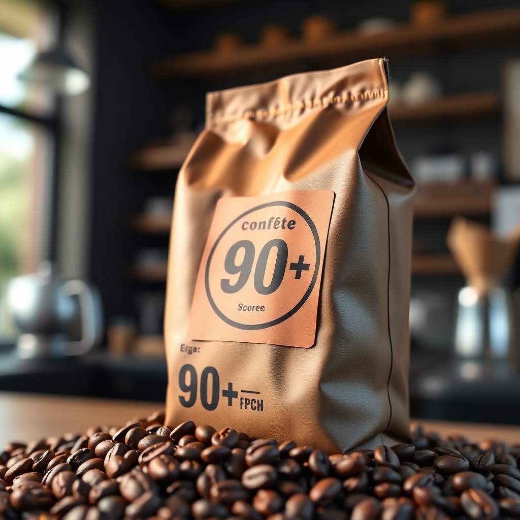 Create a photorealistic close-up image of a bag of gourmet coffee beans with a label indicating a high score/rating (e.g., 90+). The focus should be on the texture of the bag and the details of the label. The background should be blurred, possibly showing a coffee shop setting. Use soft, natural lighting to highlight the premium quality. Style reference: product photography for high-end coffee brands. Technical specs: 4K resolution, high quality.